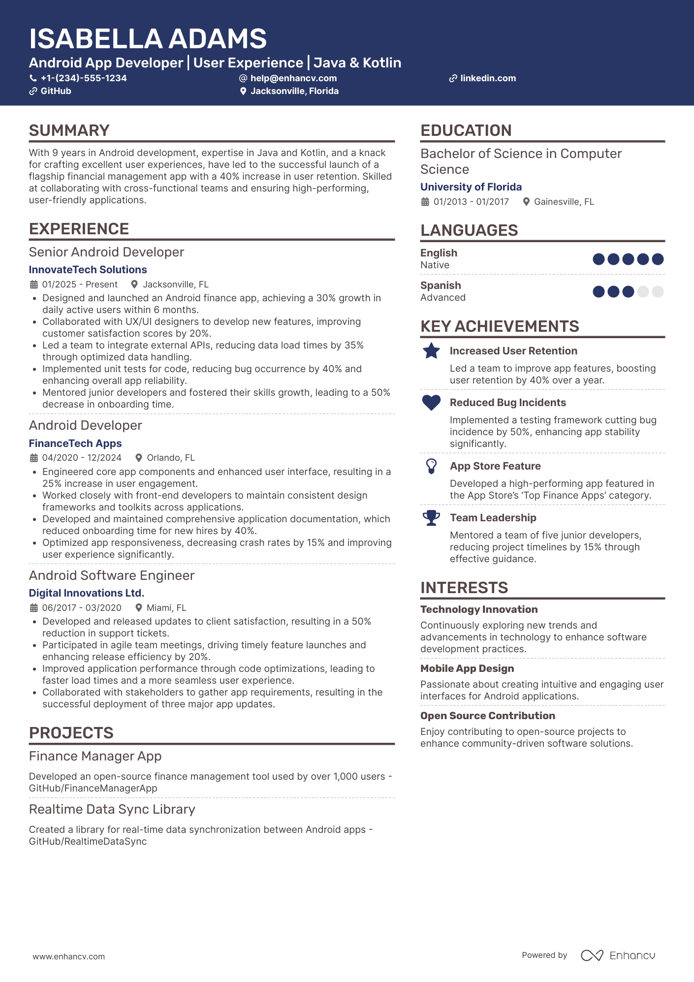 A resume example of a Android Application Developer