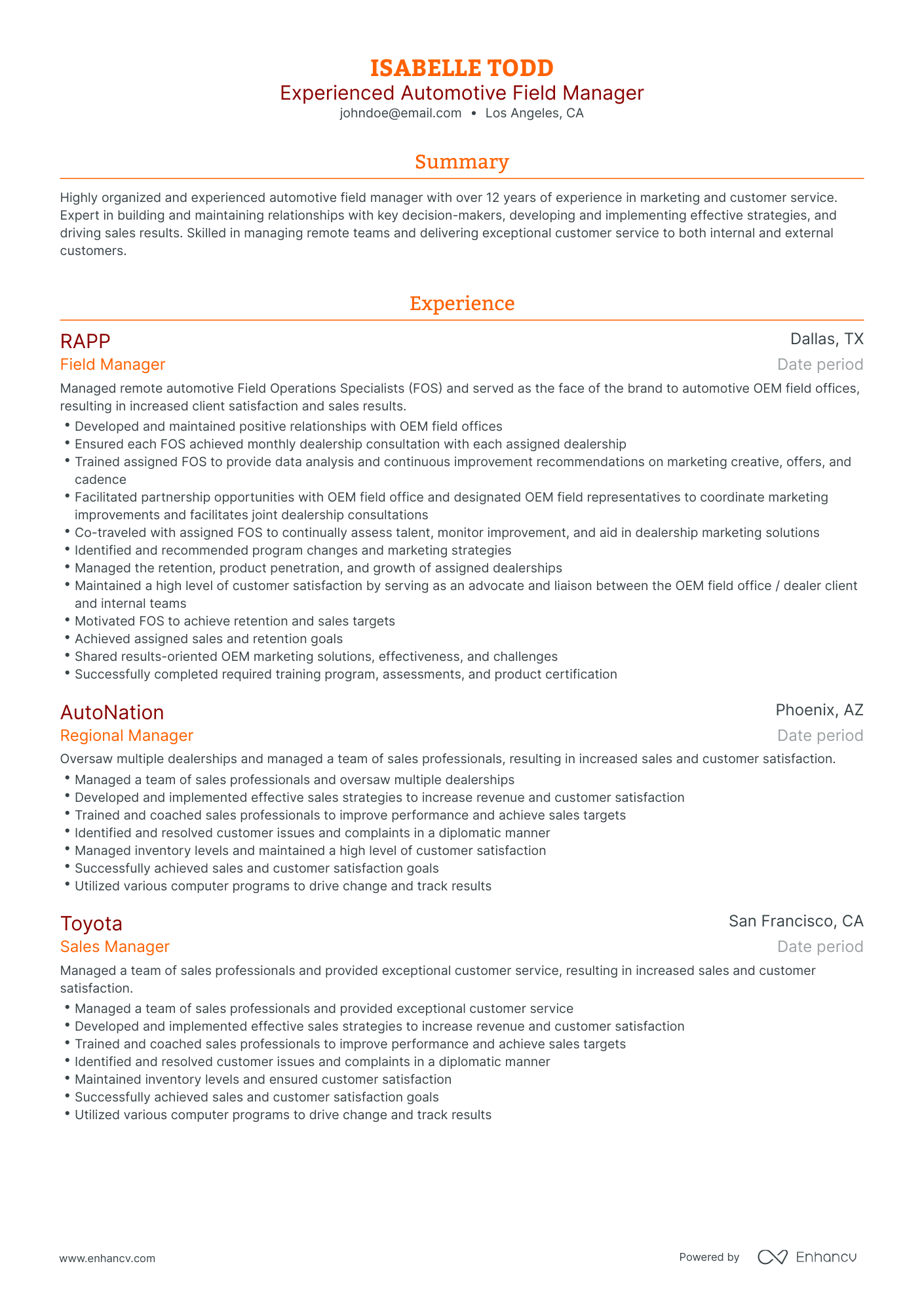 Traditional Field Manager Resume Template