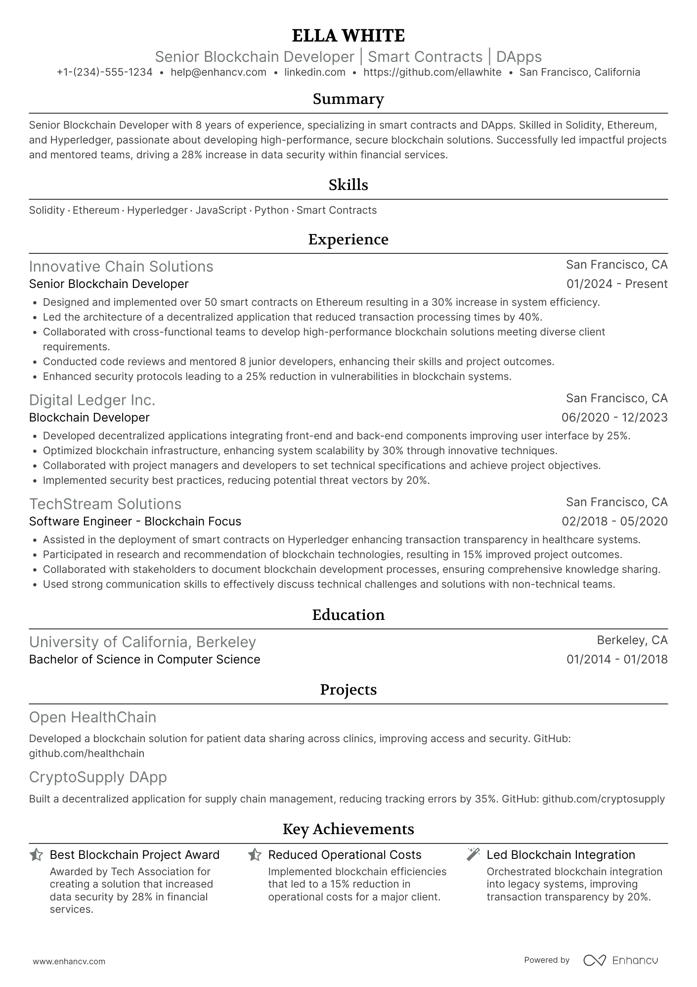 A resume example of a Senior Blockchain Developer