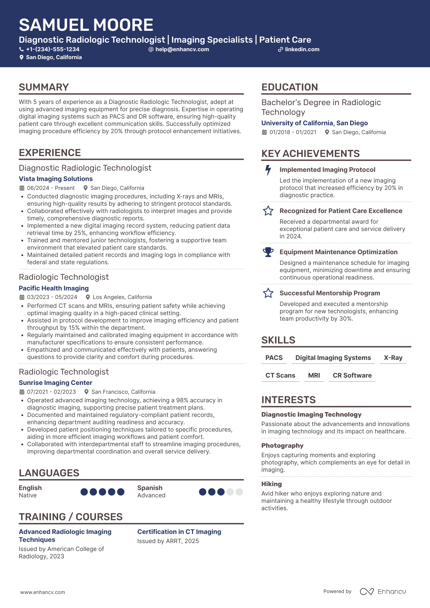 A resume example of a Diagnostic Radiologic Technologist