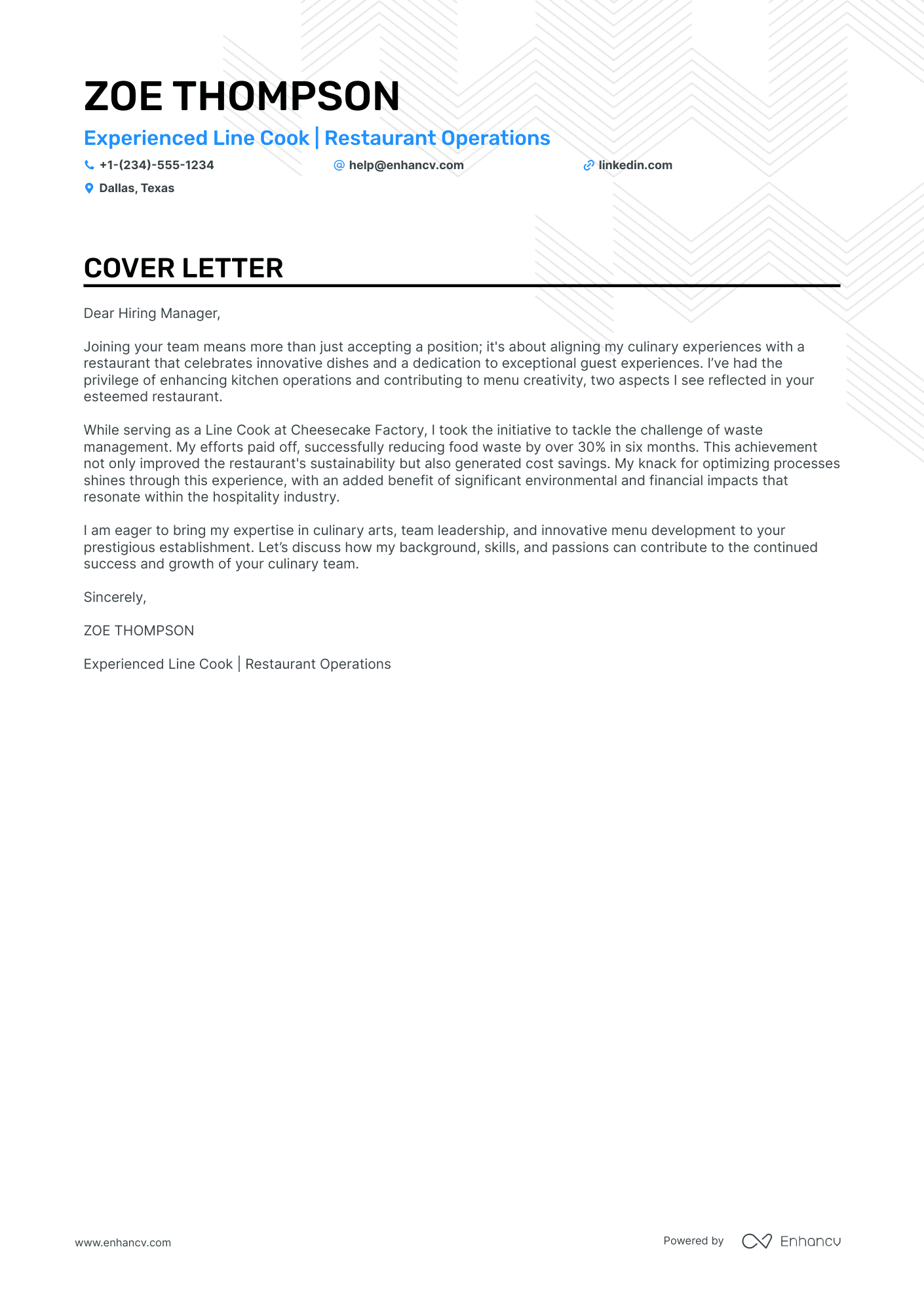 sample cover letter for cook position