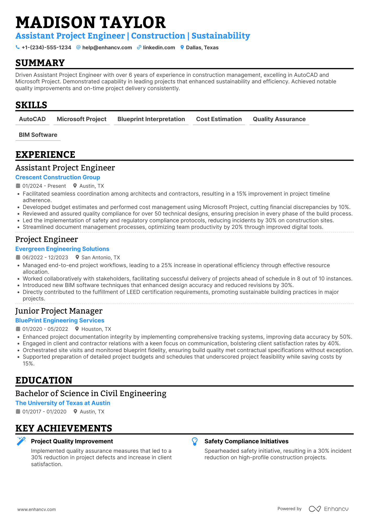 A resume example of a Assistant Project Engineer