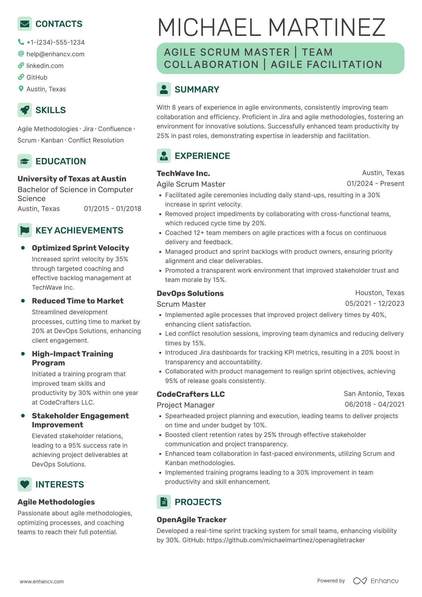 A resume example of a Agile Scrum Master