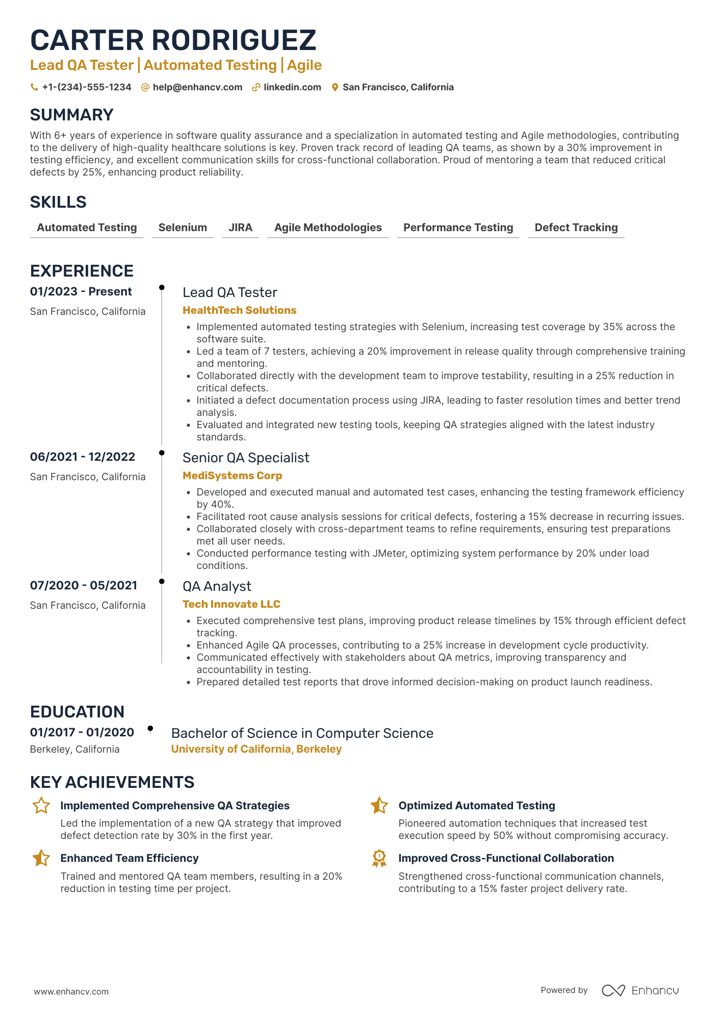 A resume example of a Lead QA Tester