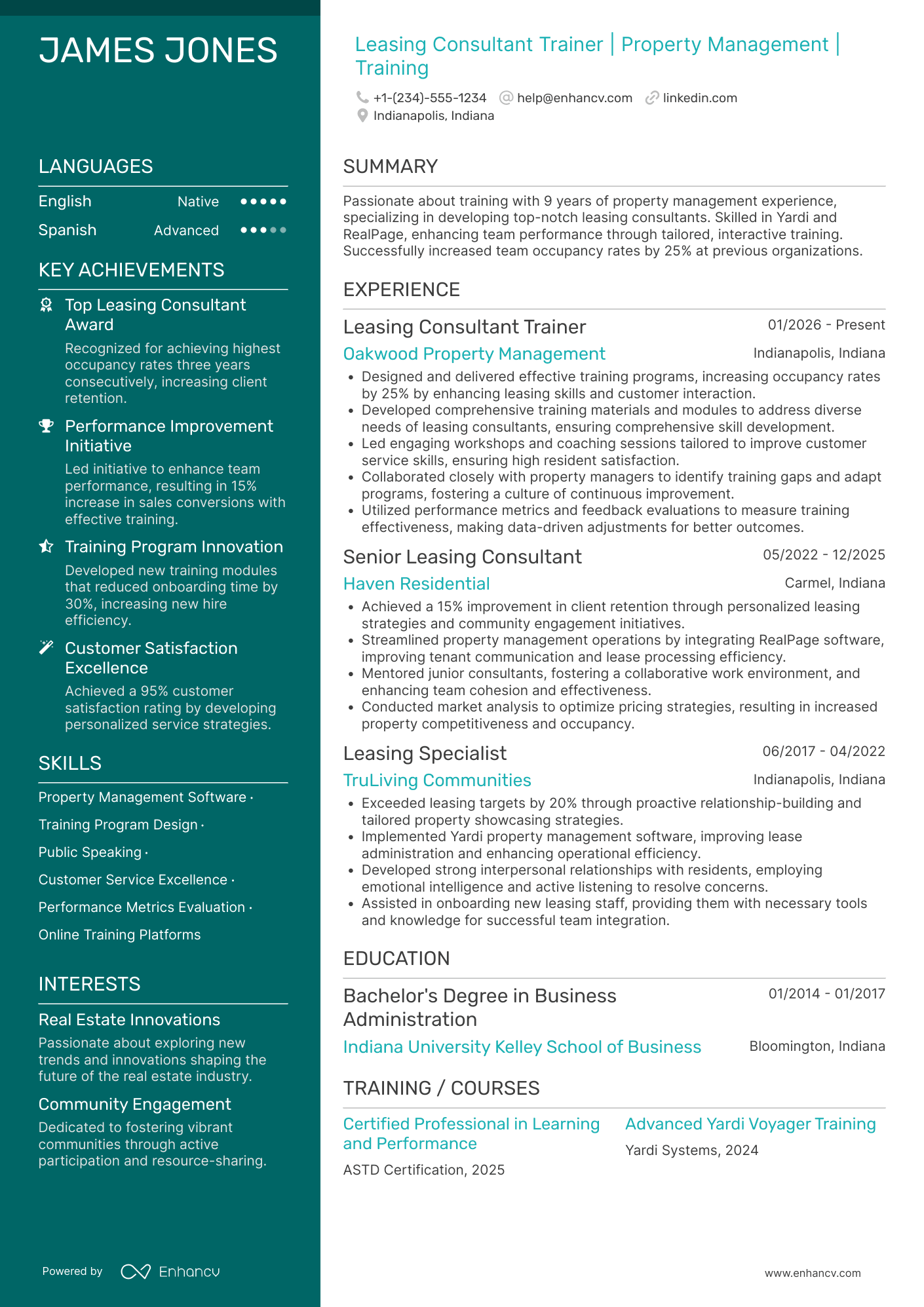 A resume example of a Leasing Consultant Trainer