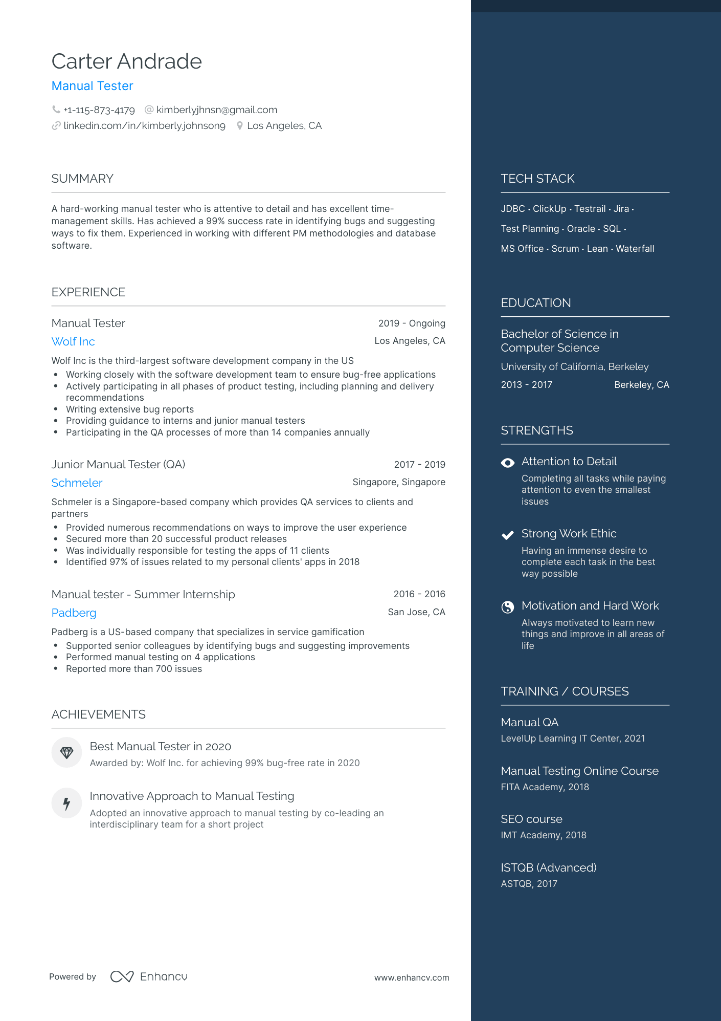 One Page Manual Tester Resume Template