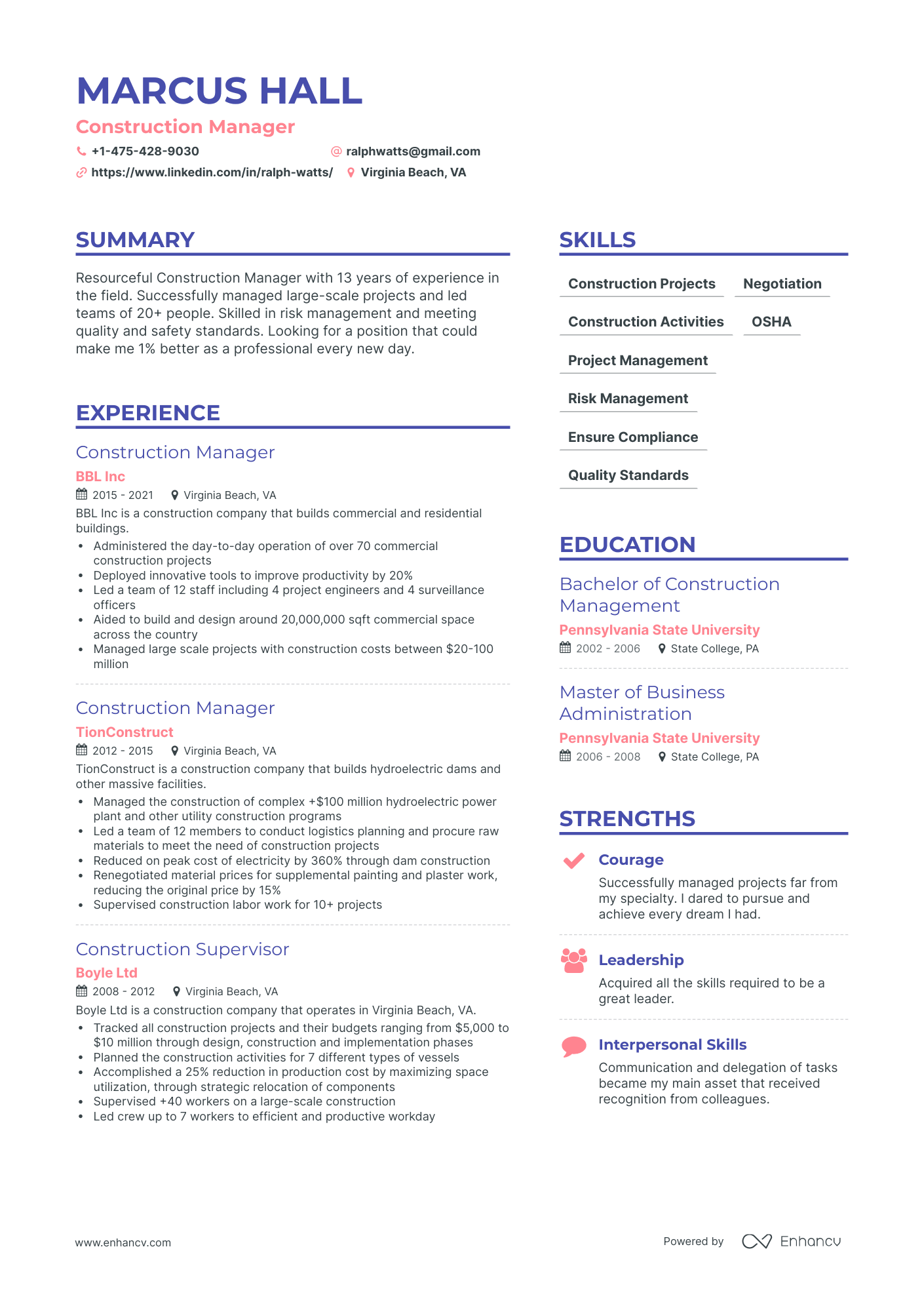Simple Construction Manager Resume Template