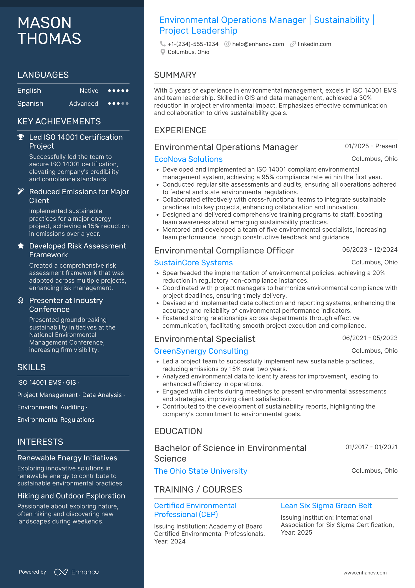 A resume example of a Environmental Operations Manager
