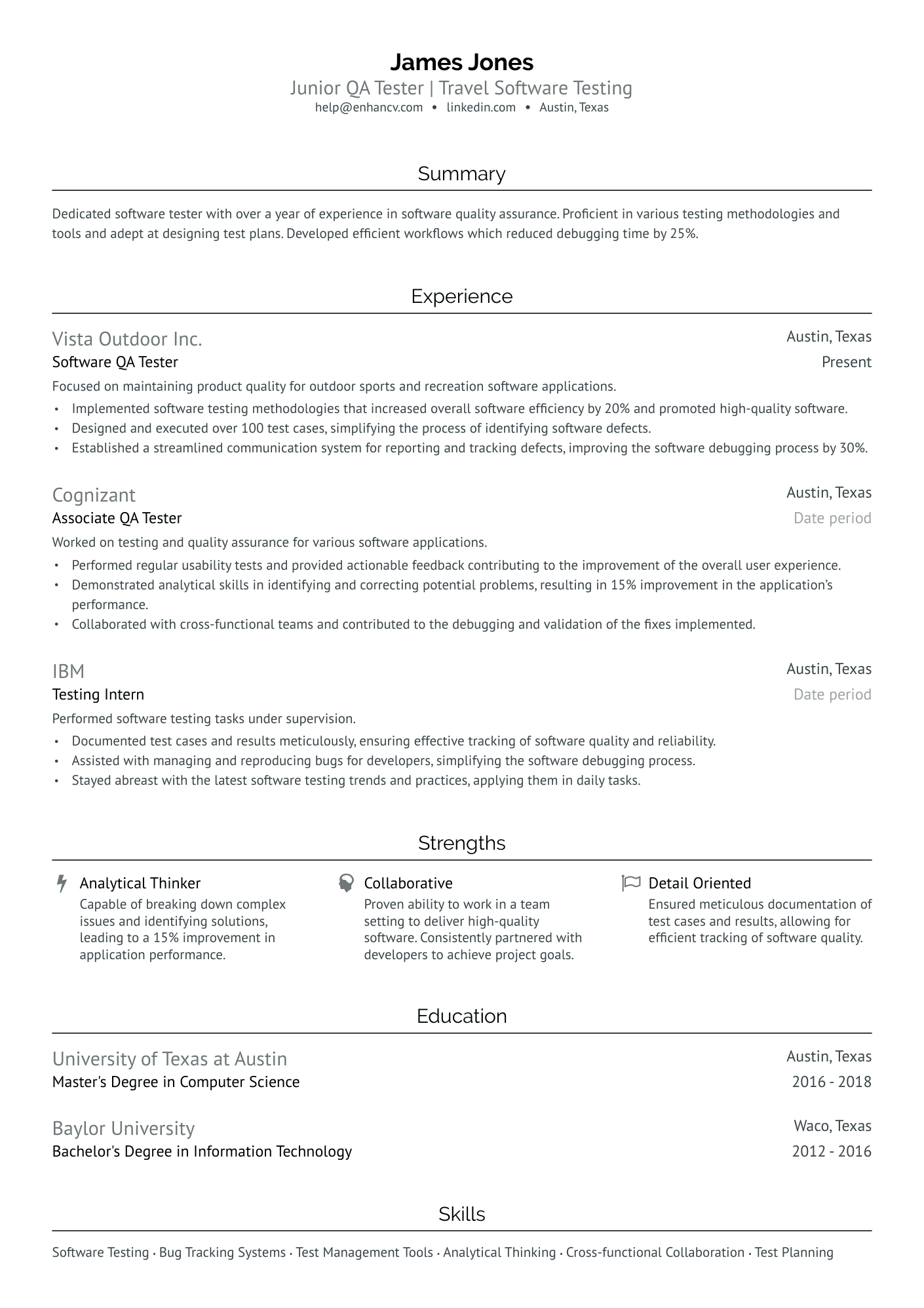 A resume example of a Junior QA Tester