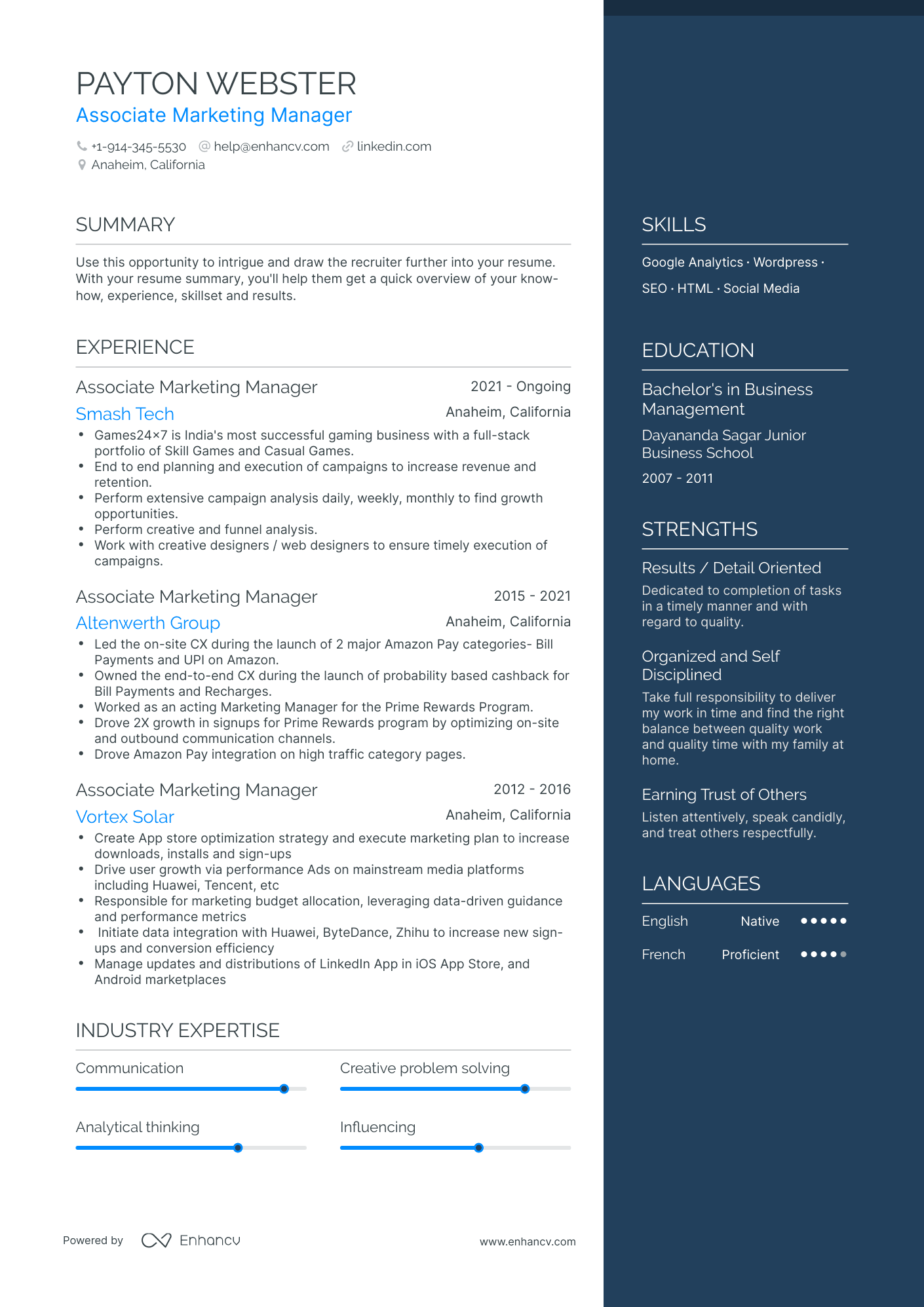 One Page Associate Marketing Manager Resume Template