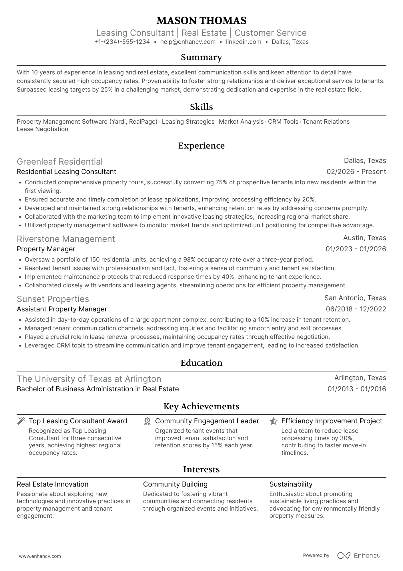 A resume example of a Residential Leasing Consultant