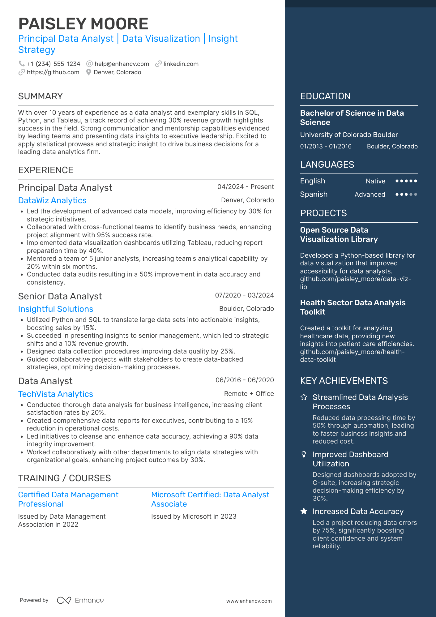 A resume example of a Principal Data Analyst