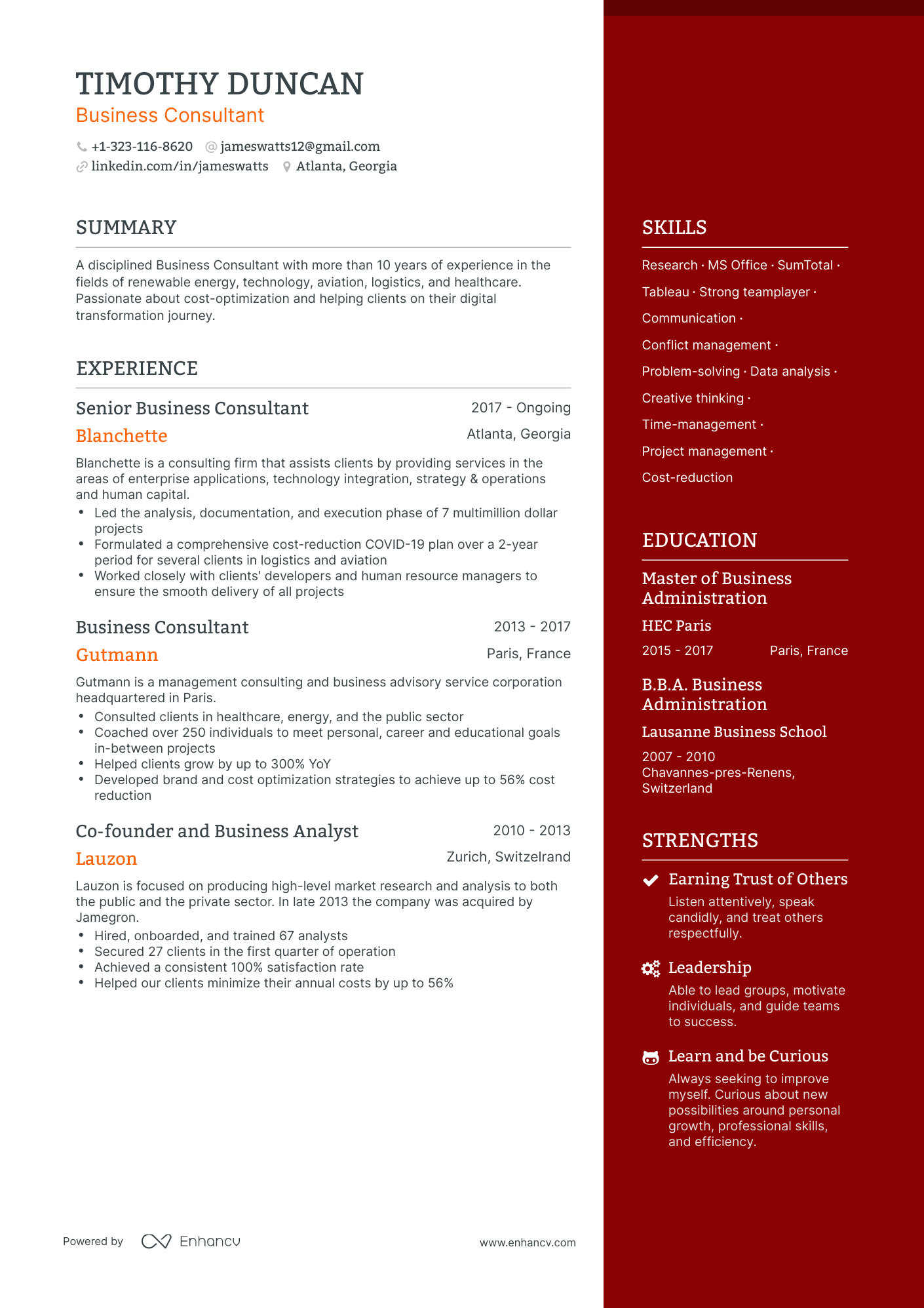One Page Business Consultant Resume Template