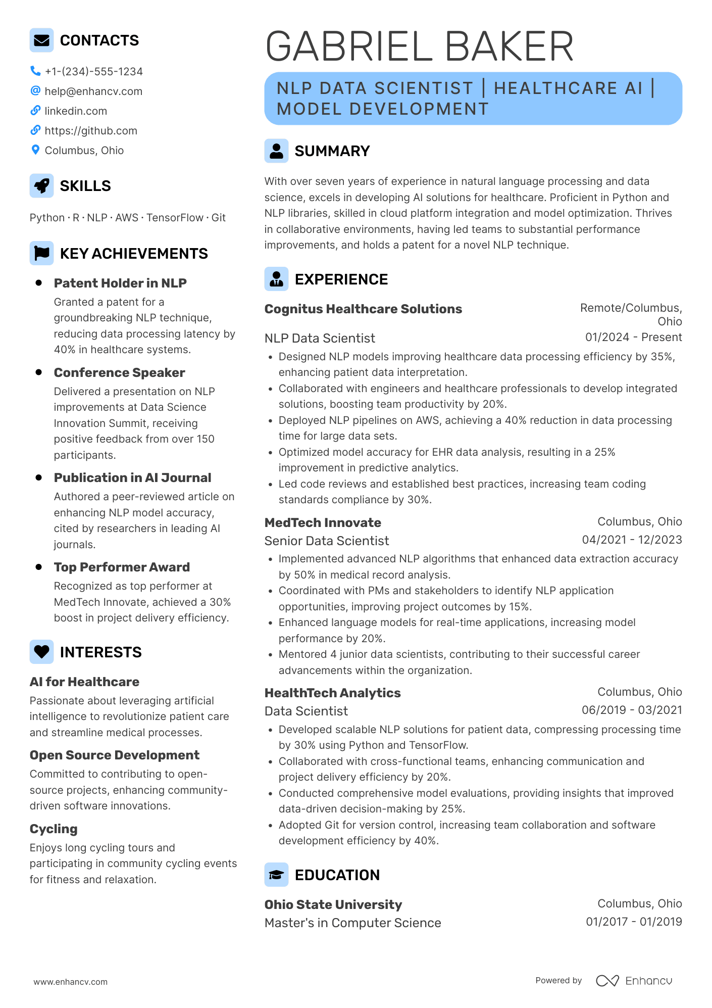 A resume example of a NLP Data Scientist
