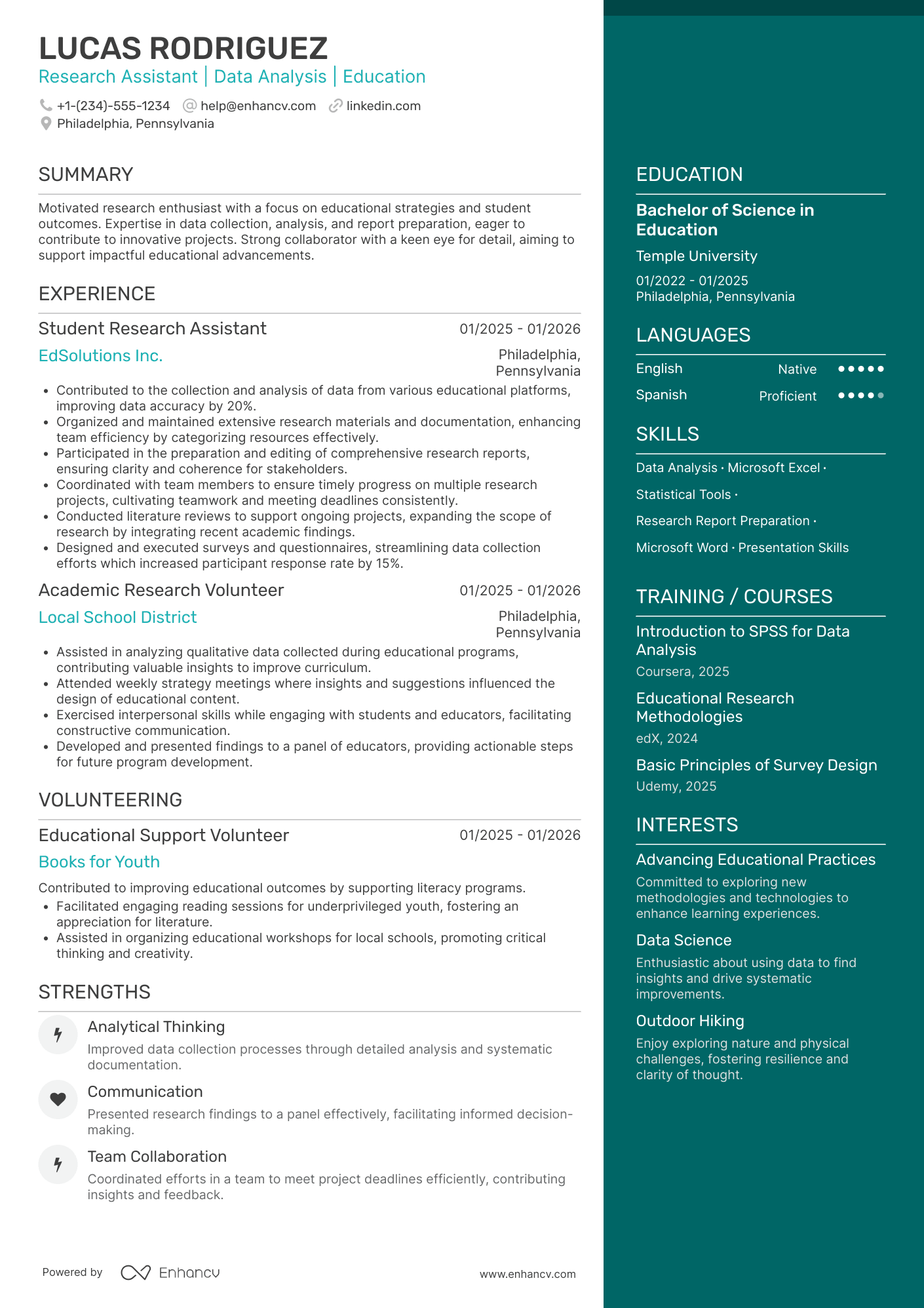 A resume example of a High School Student Research Assistant