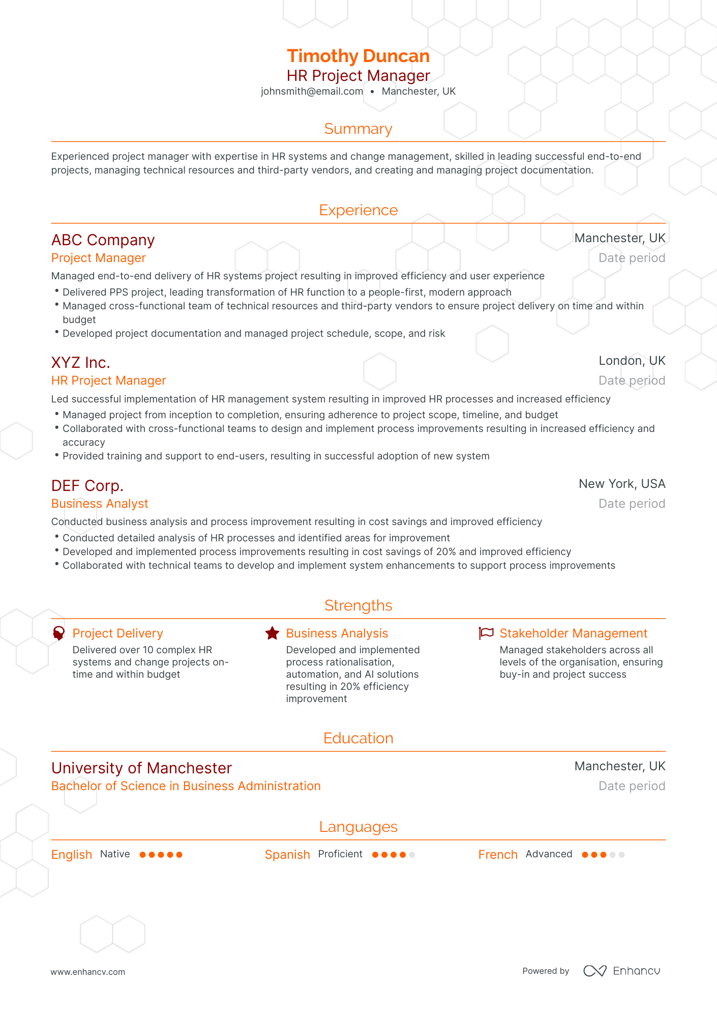Traditional HR Project Manager Resume Template
