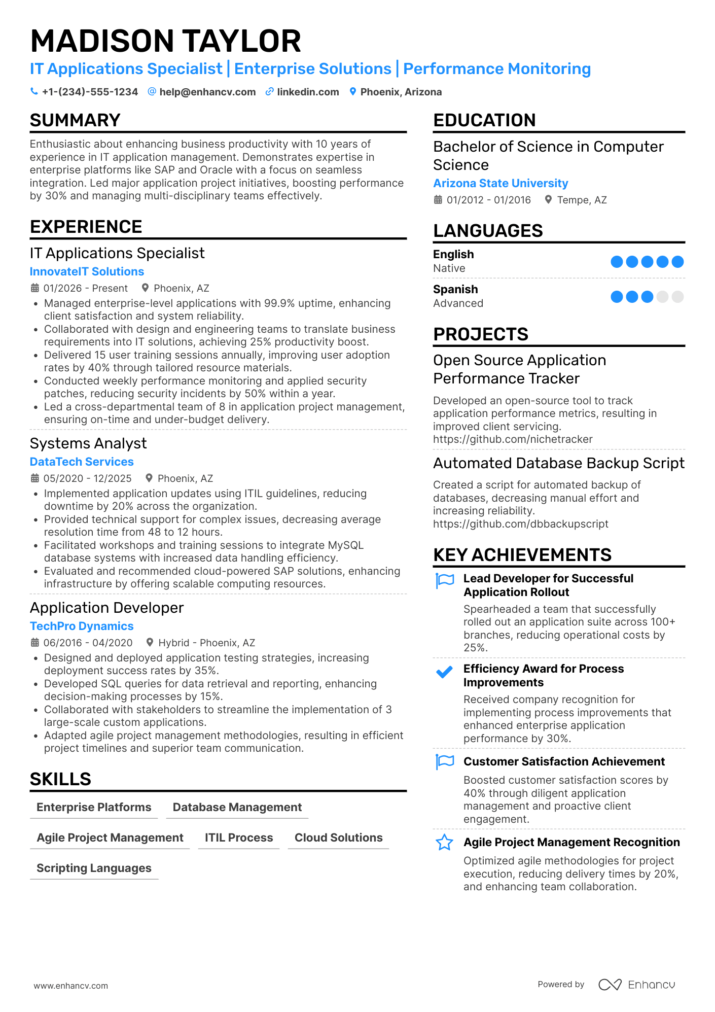 A resume example of a IT Applications Specialist