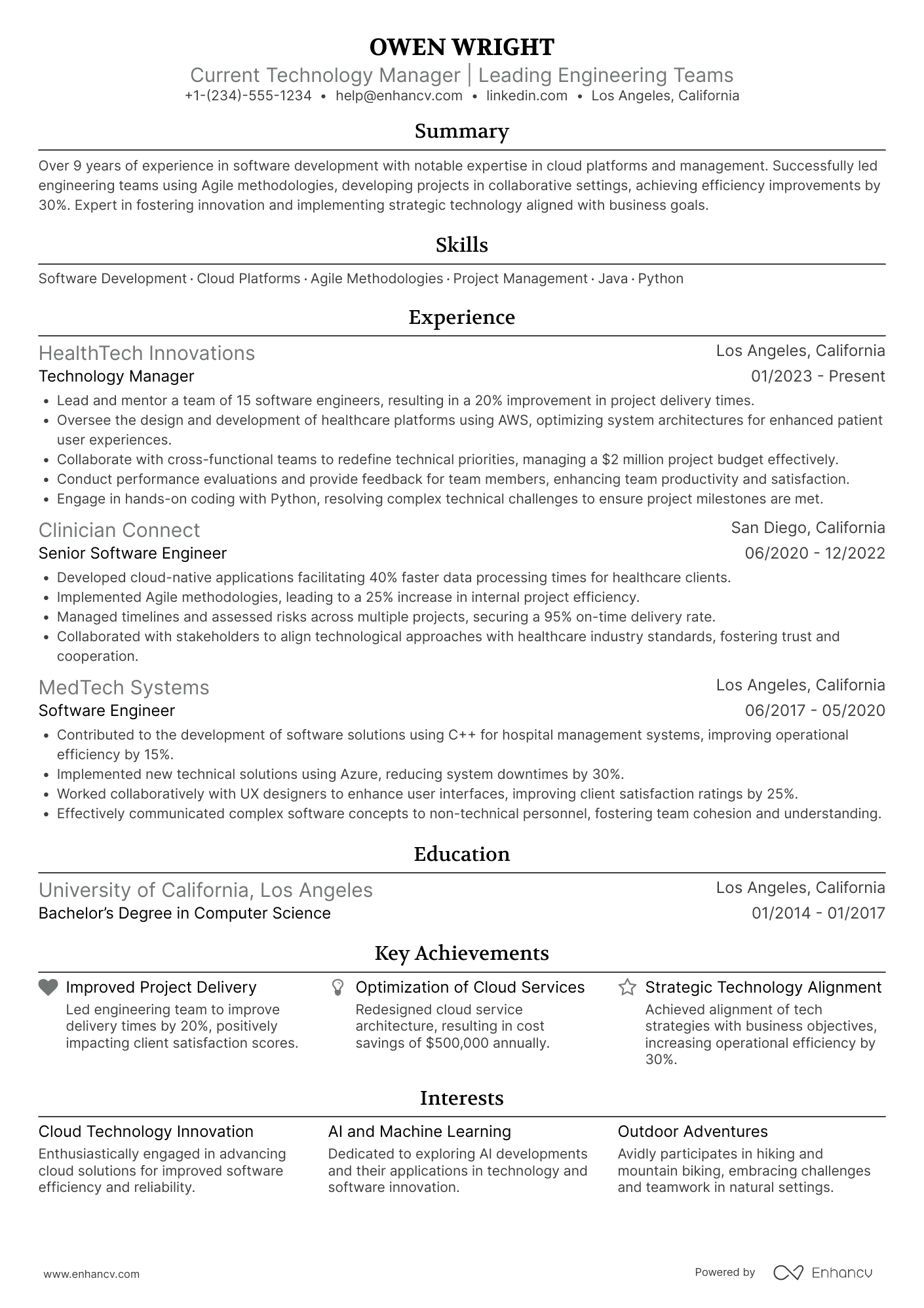 A resume example of a Technology Manager