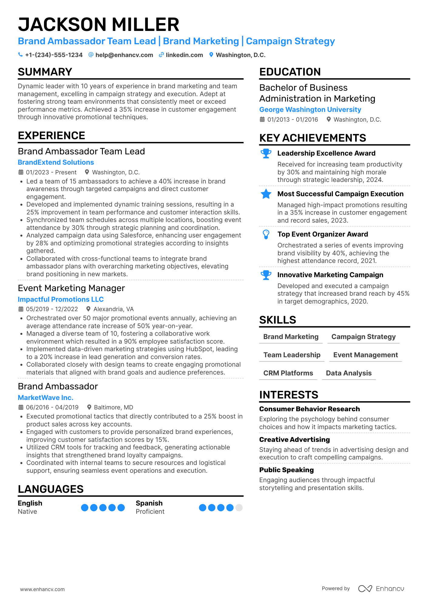 A resume example of a Brand Ambassador Team Lead