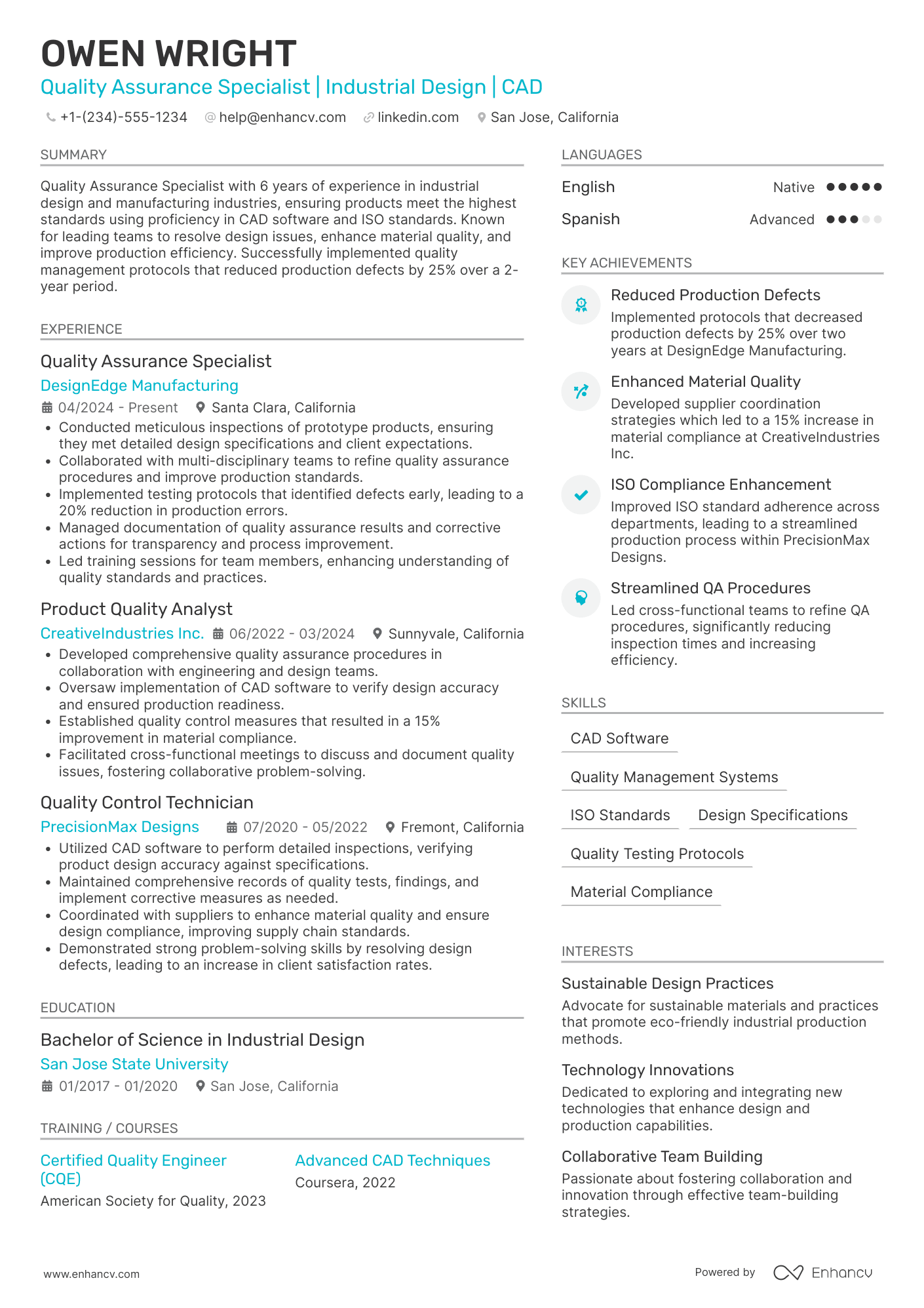 A resume example of a Industrial Design Quality Assurance