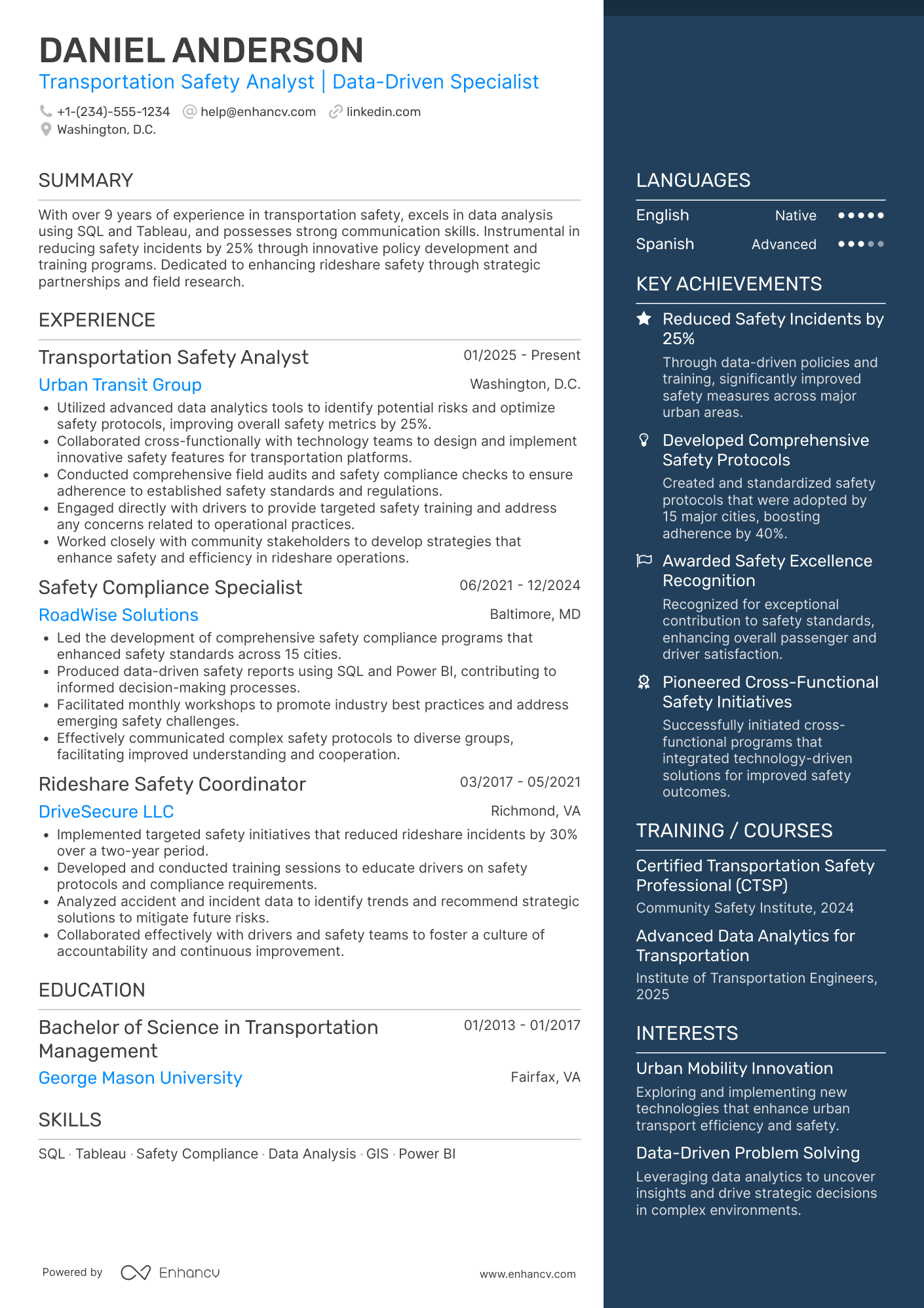 A resume example of a Uber Driver Safety Specialist