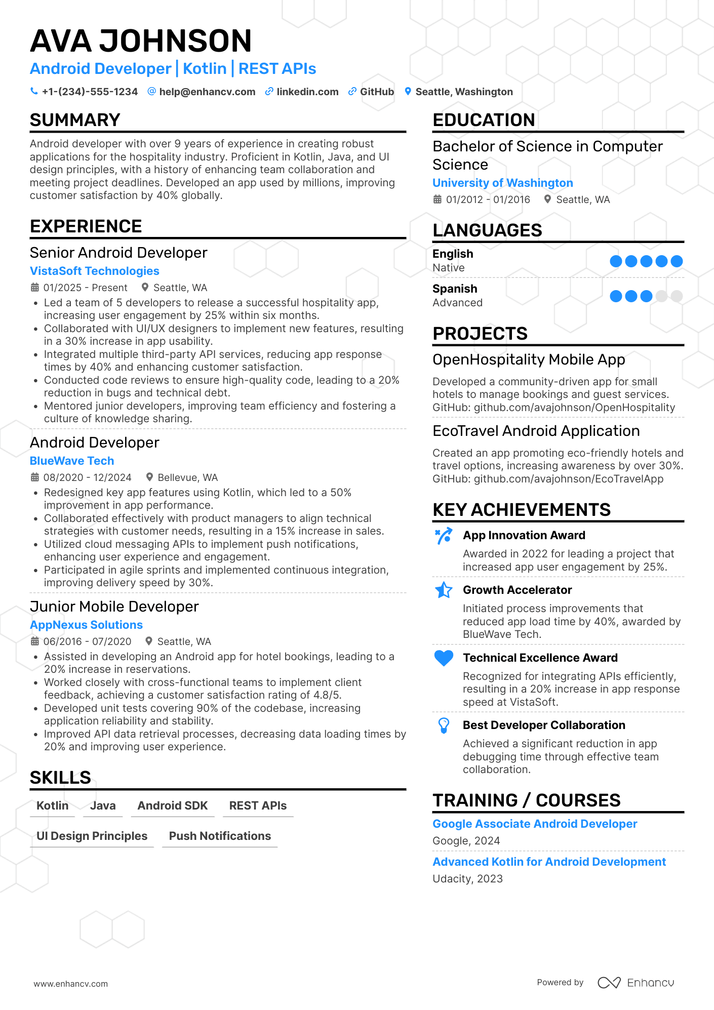 A resume example of a Android Mobile Developer