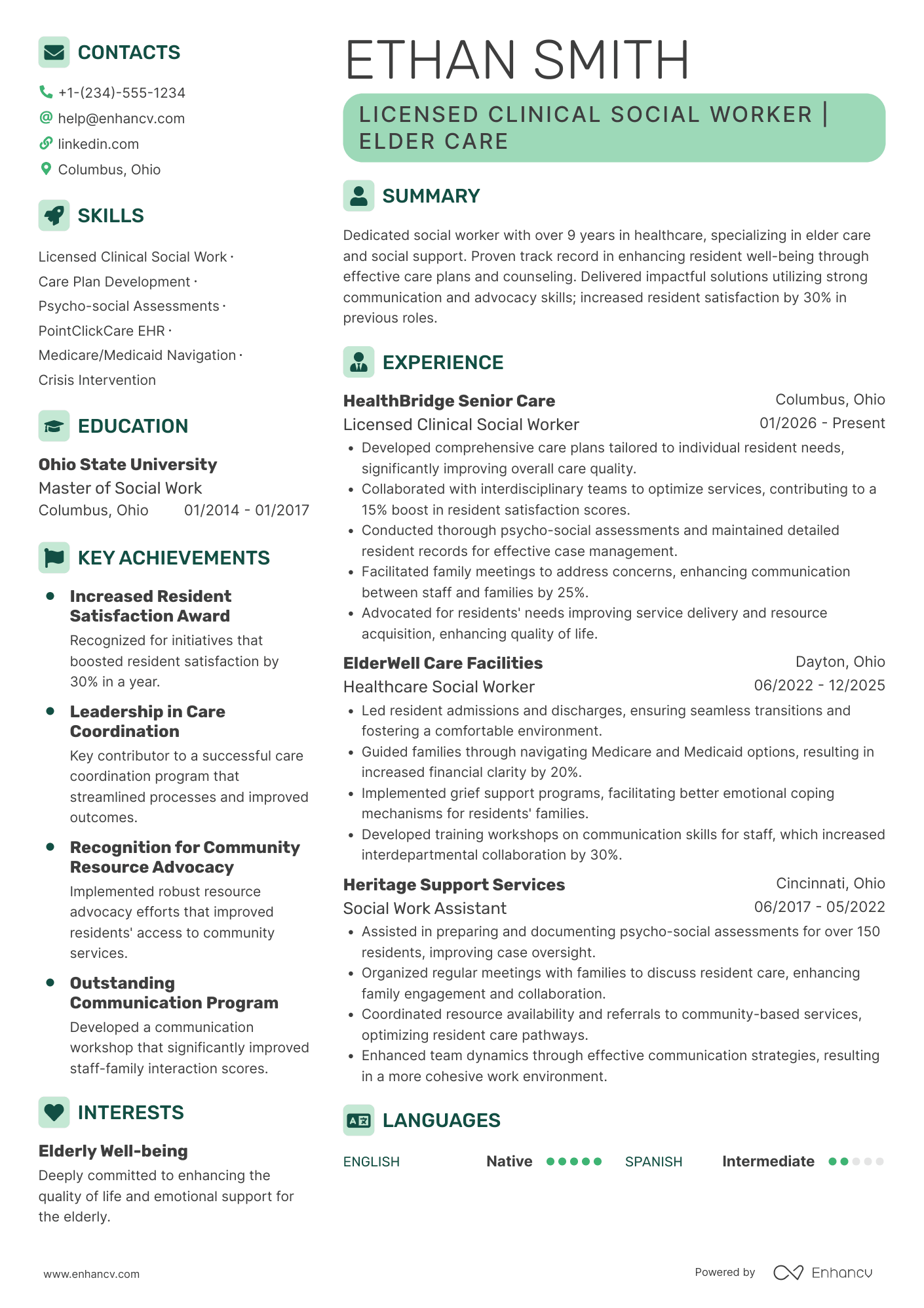 A resume example of a Nursing Home Social Worker