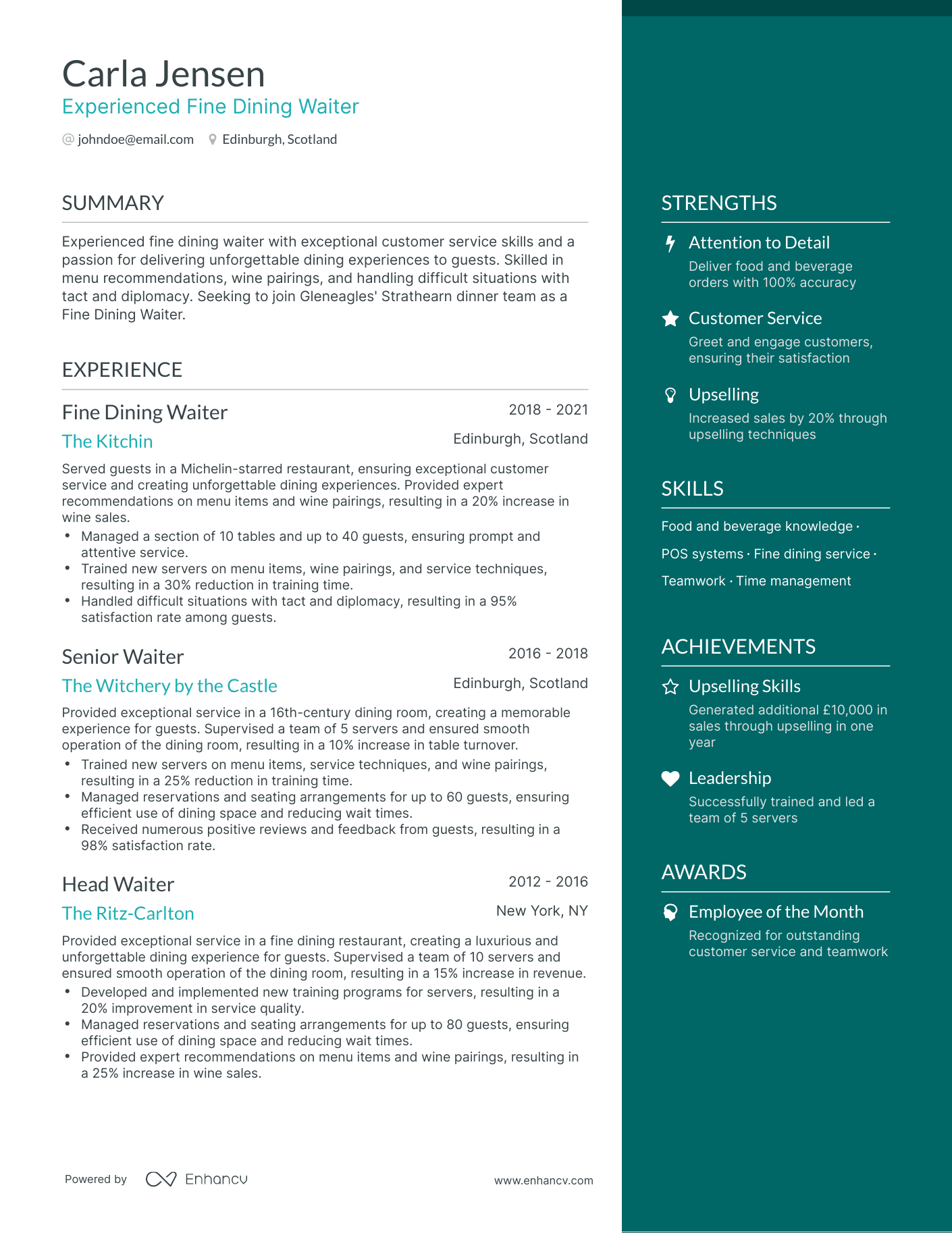One Page Fine Dining Resume Template