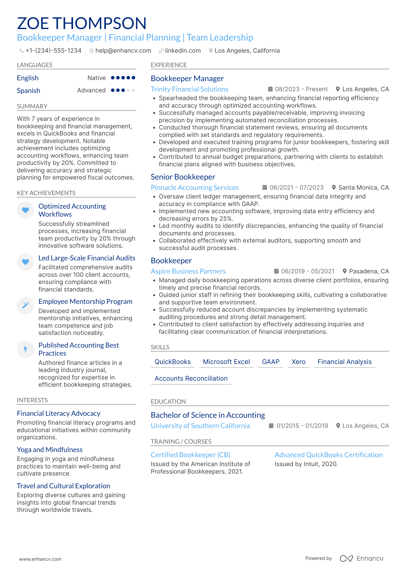 A resume example of a Bookkeeper Manager