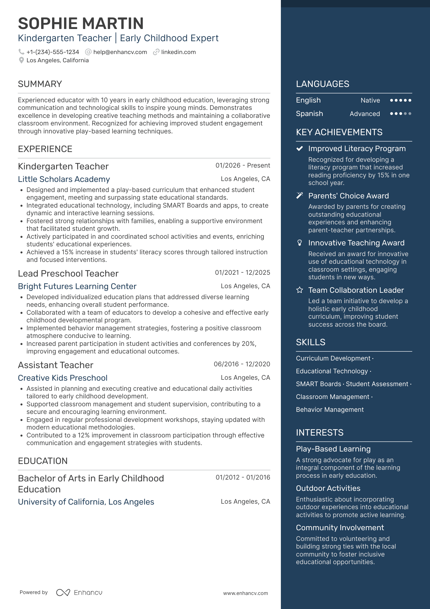 A resume example of a Full Time Kindergarten Teacher