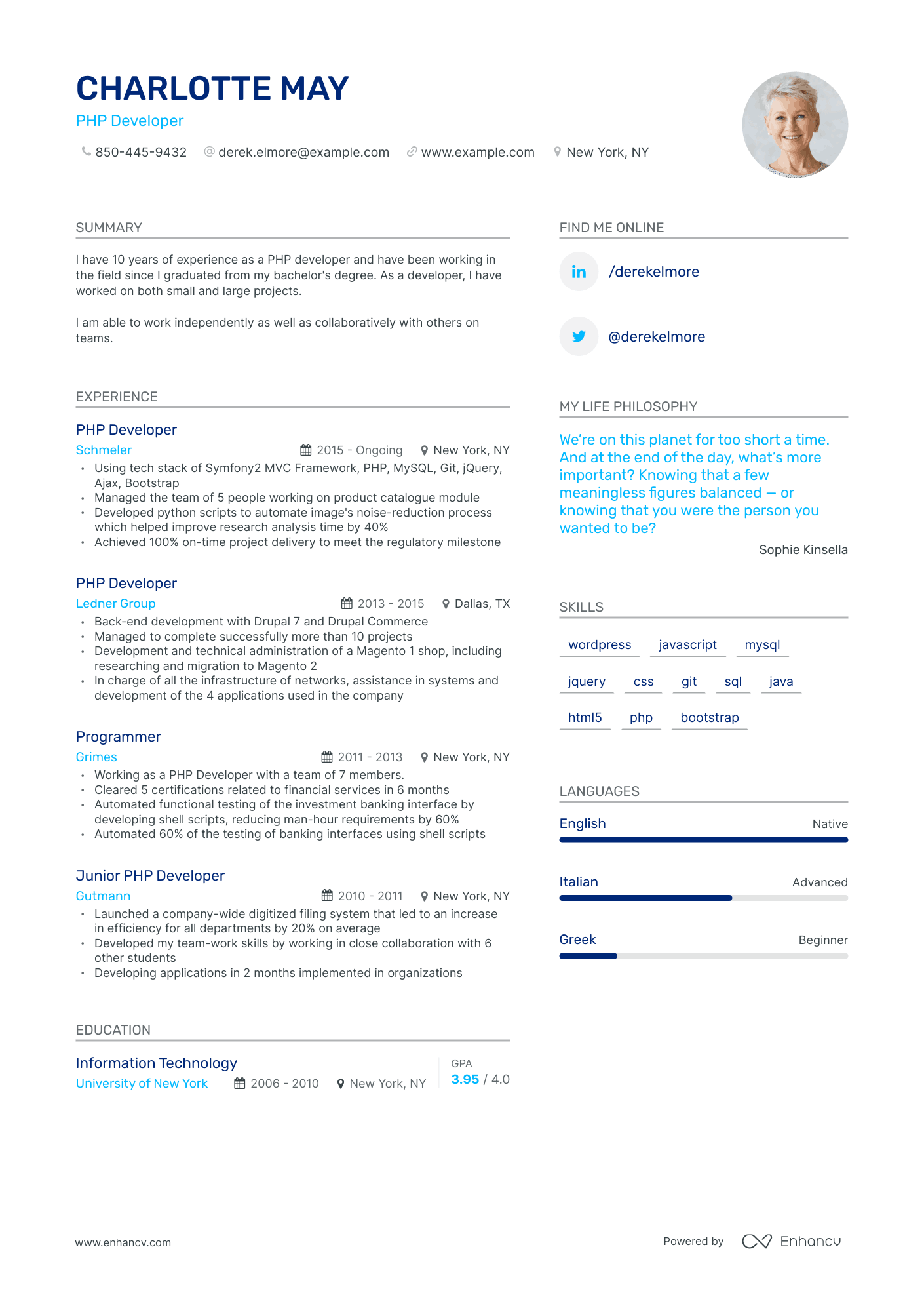 Modern PHP Developer Resume Template
