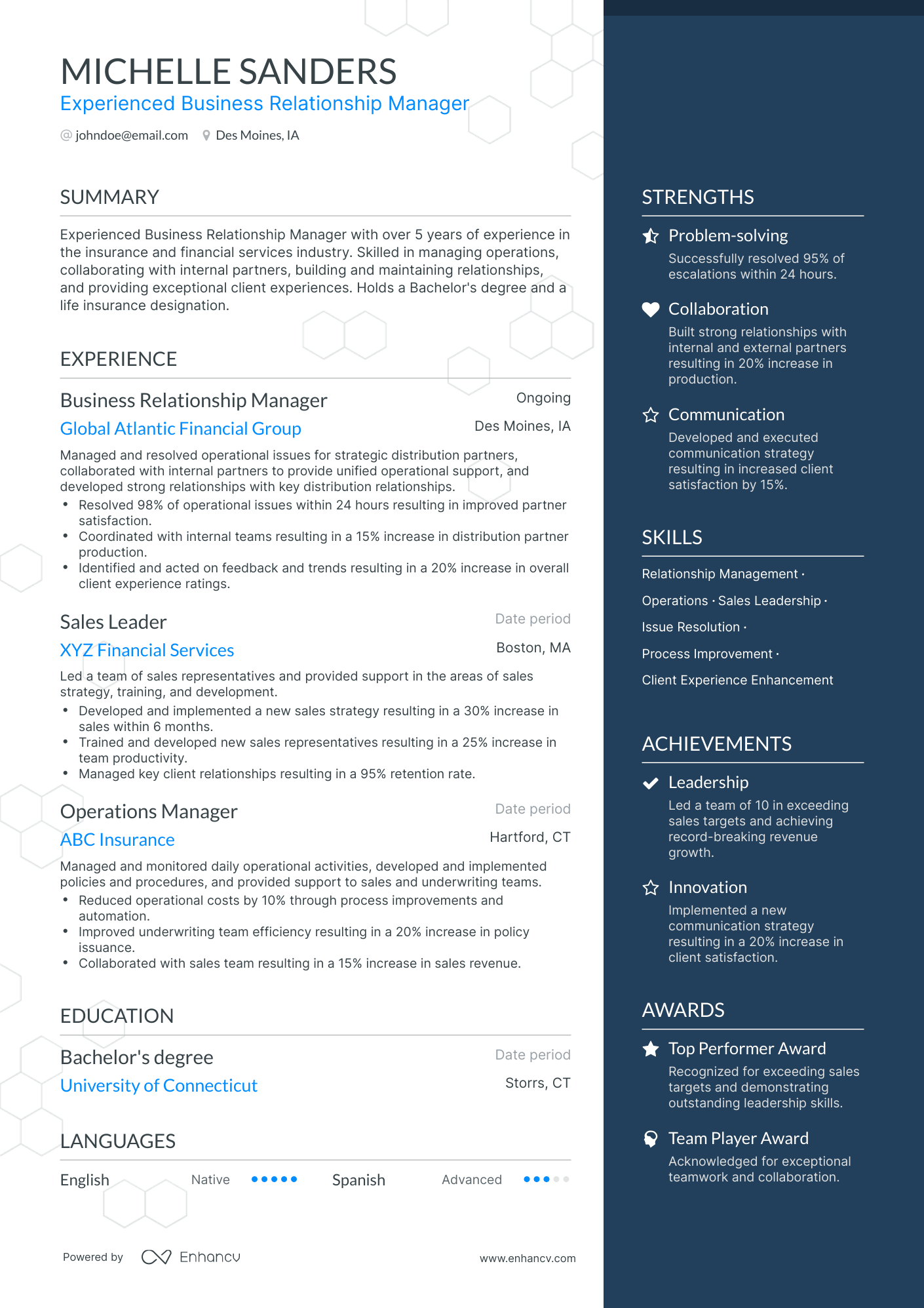One Page Business Relationship Manager Resume Template