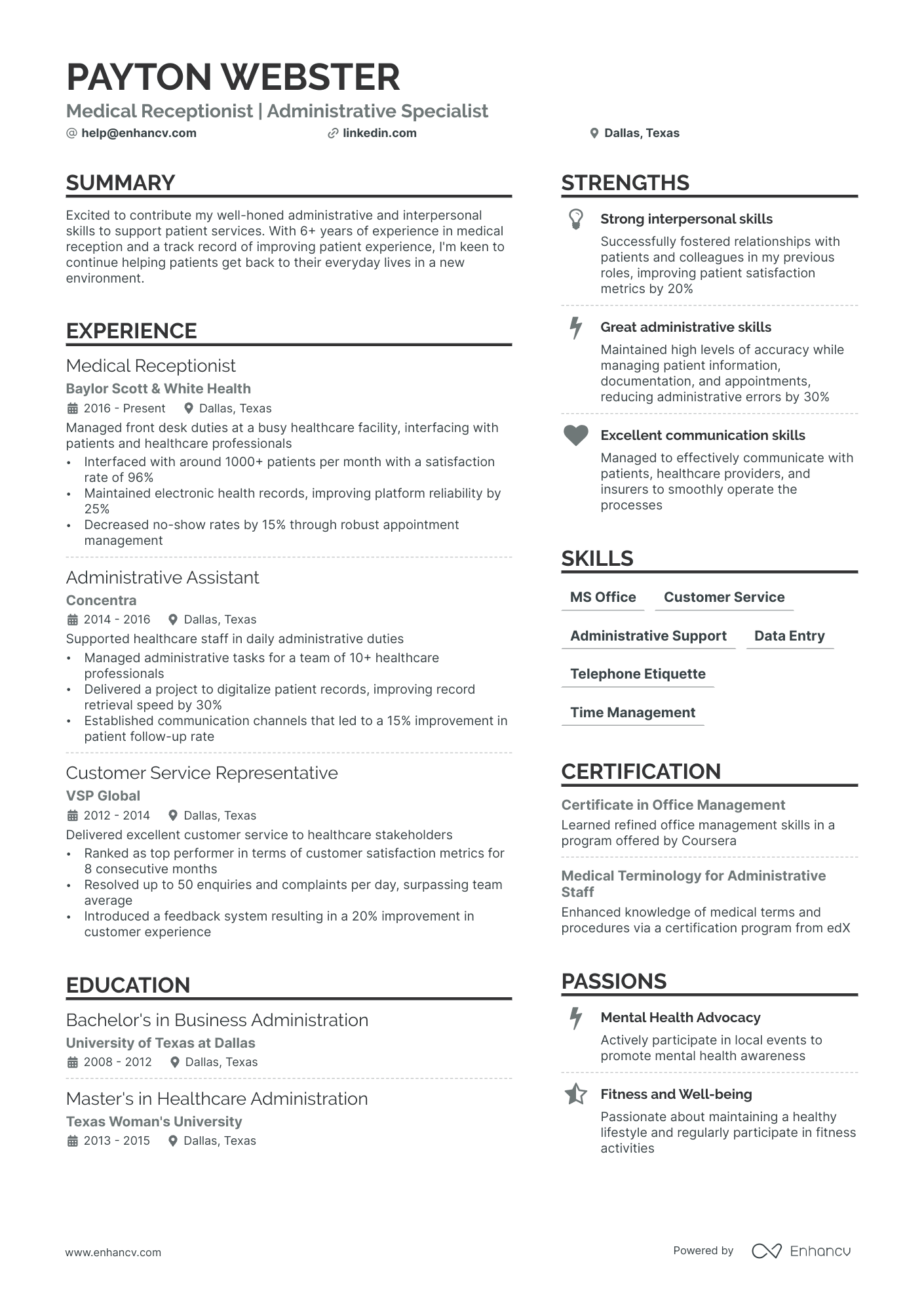 A resume example of a Front Desk Medical Receptionist