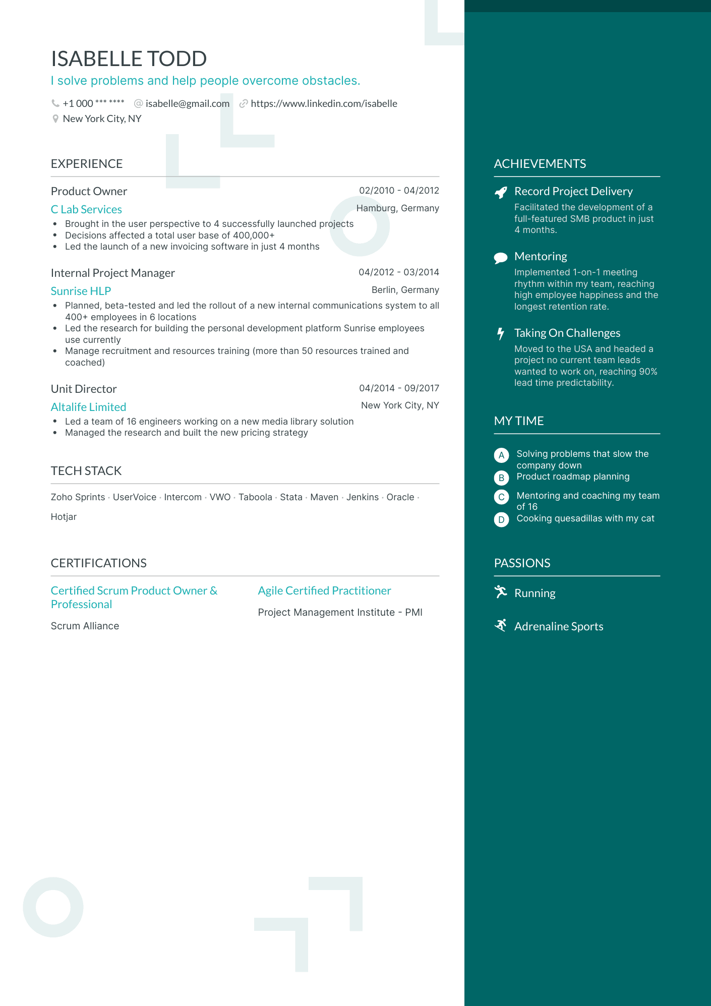 One Page CEO Resume Template