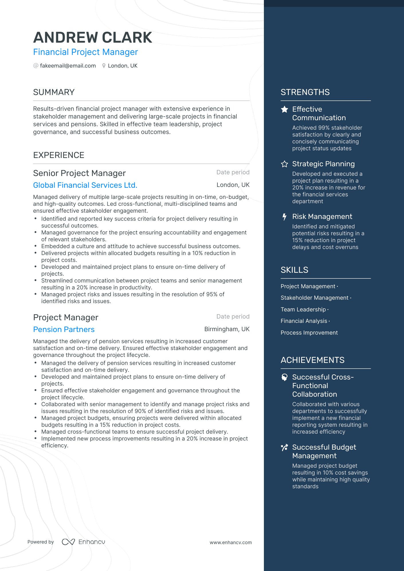 One Page Financial Project Manager Resume Template