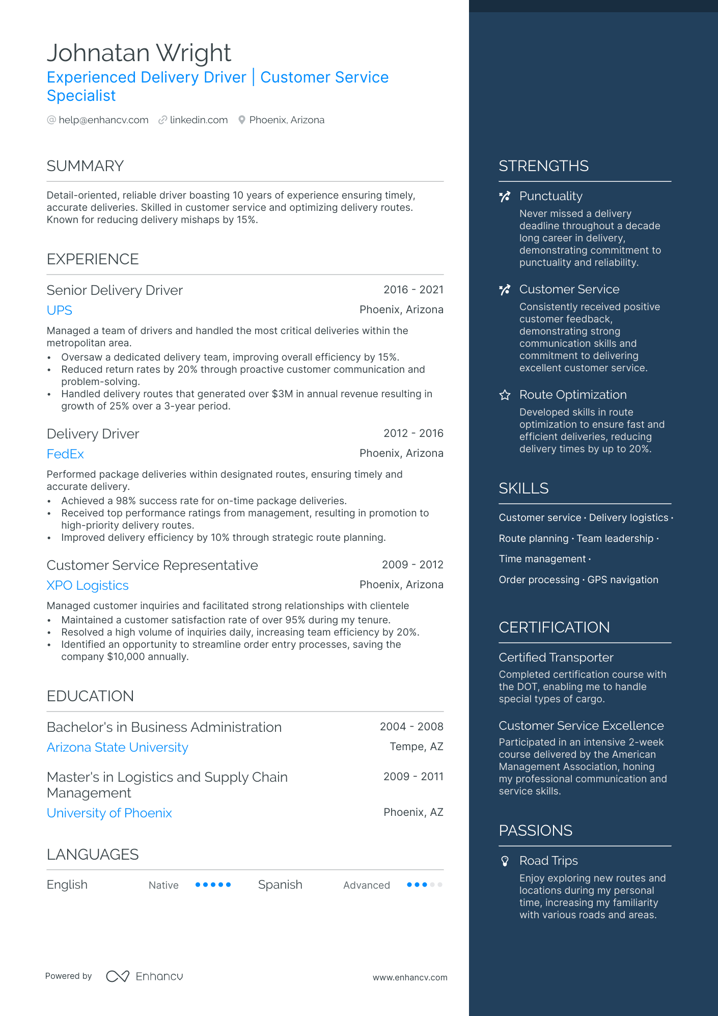 sample resume for food delivery driver