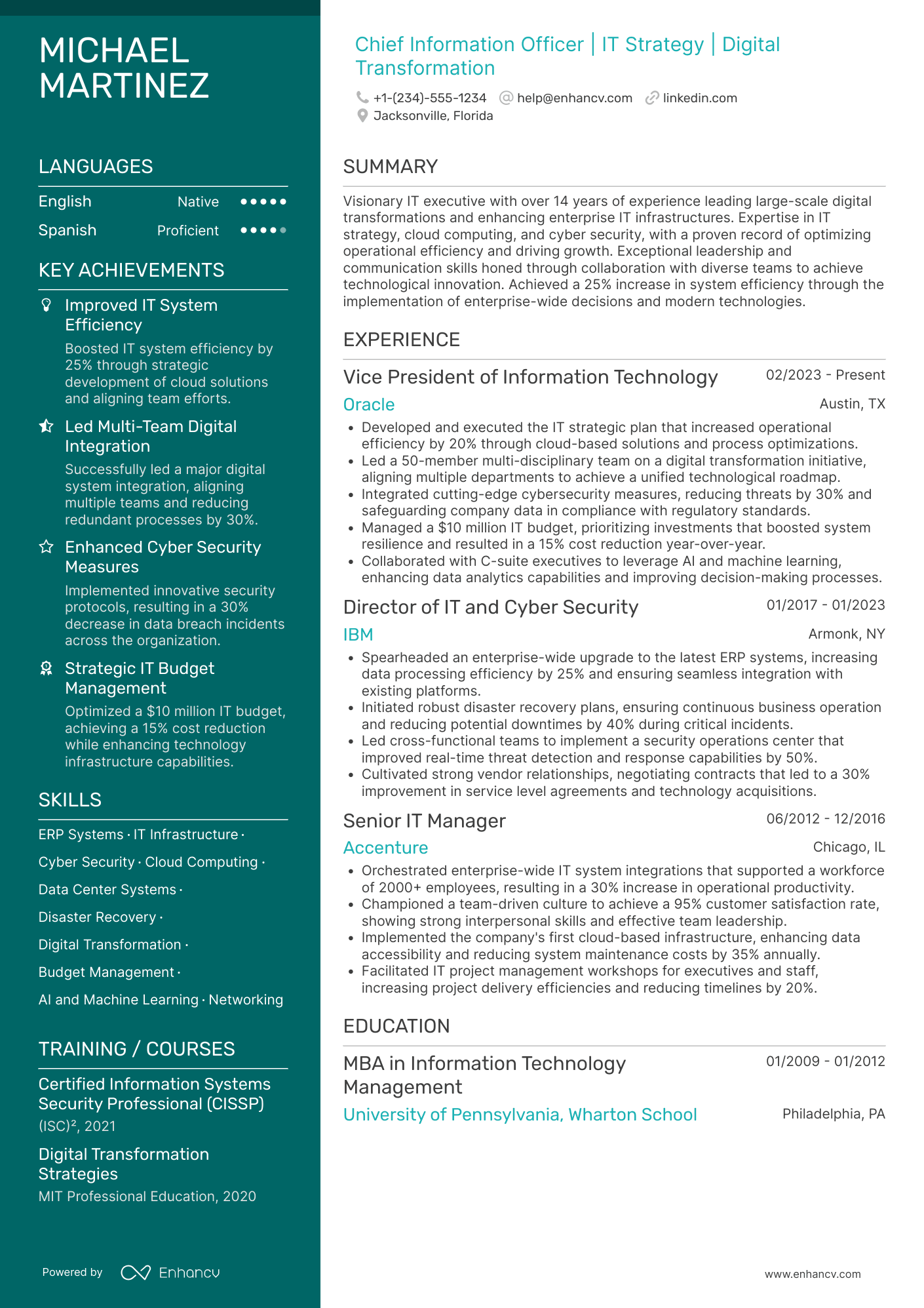 A resume example of a Chief Information Systems Officer