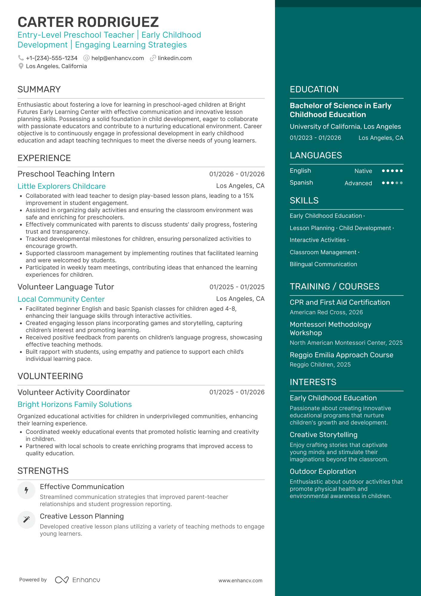 A resume example of a Entry Level Preschool Teacher
