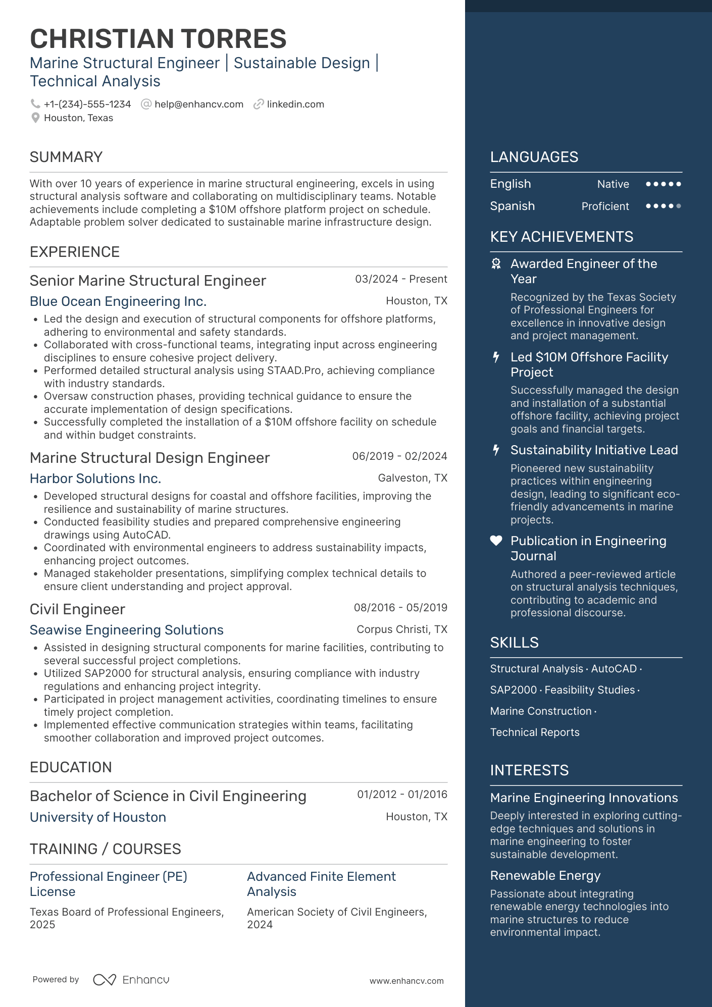 A resume example of a Marine Structural Engineer