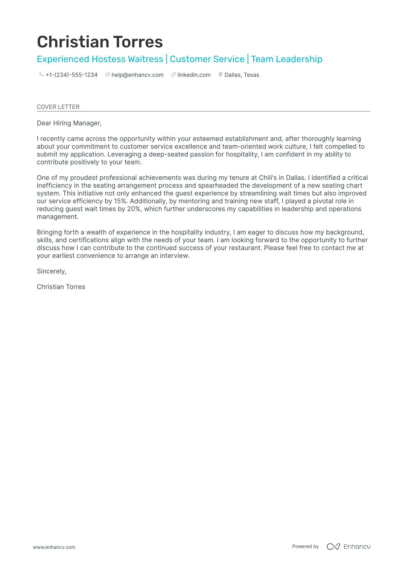 cover letter sample for waitress with no experience