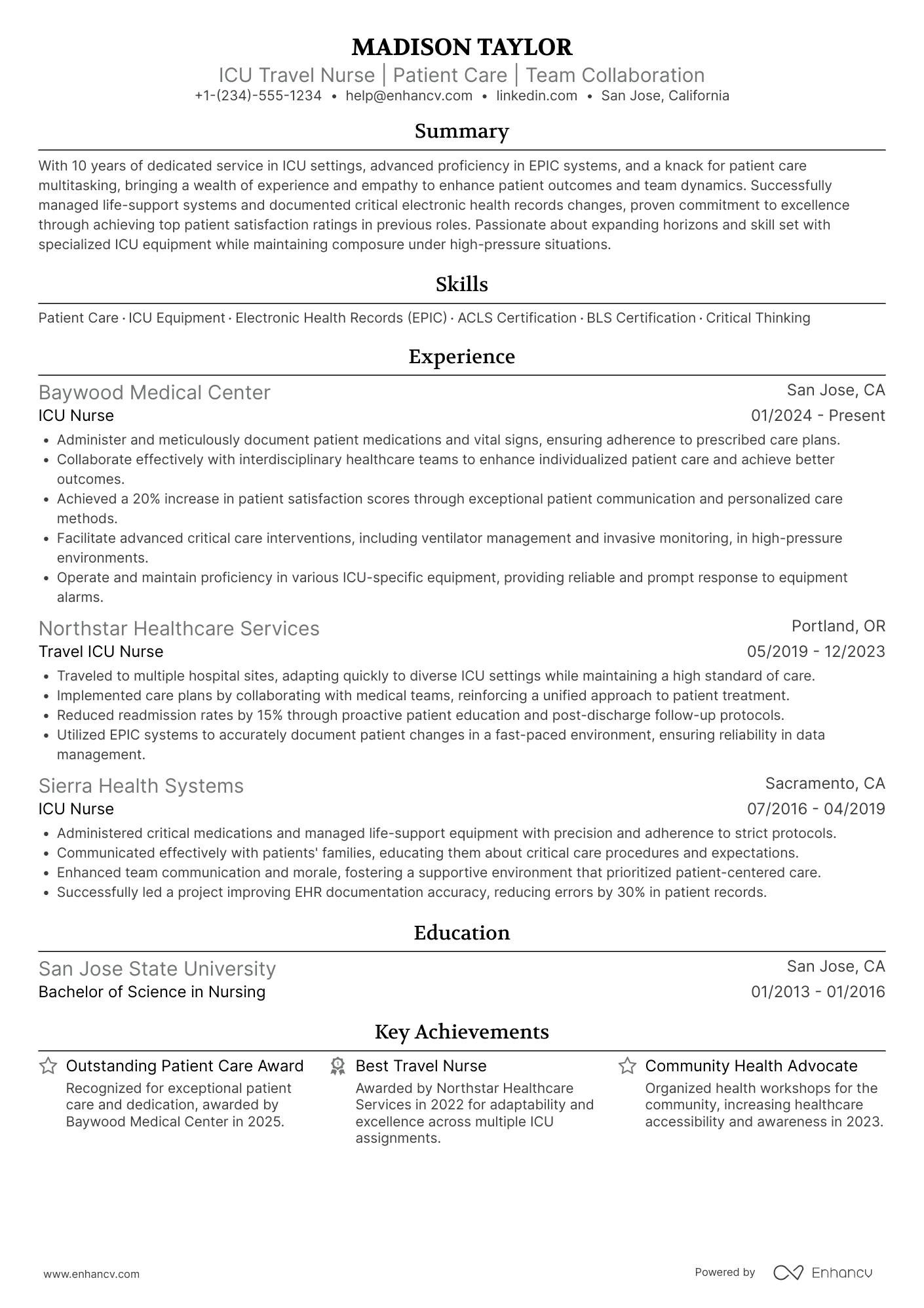 A resume example of a ICU Travel Nurse