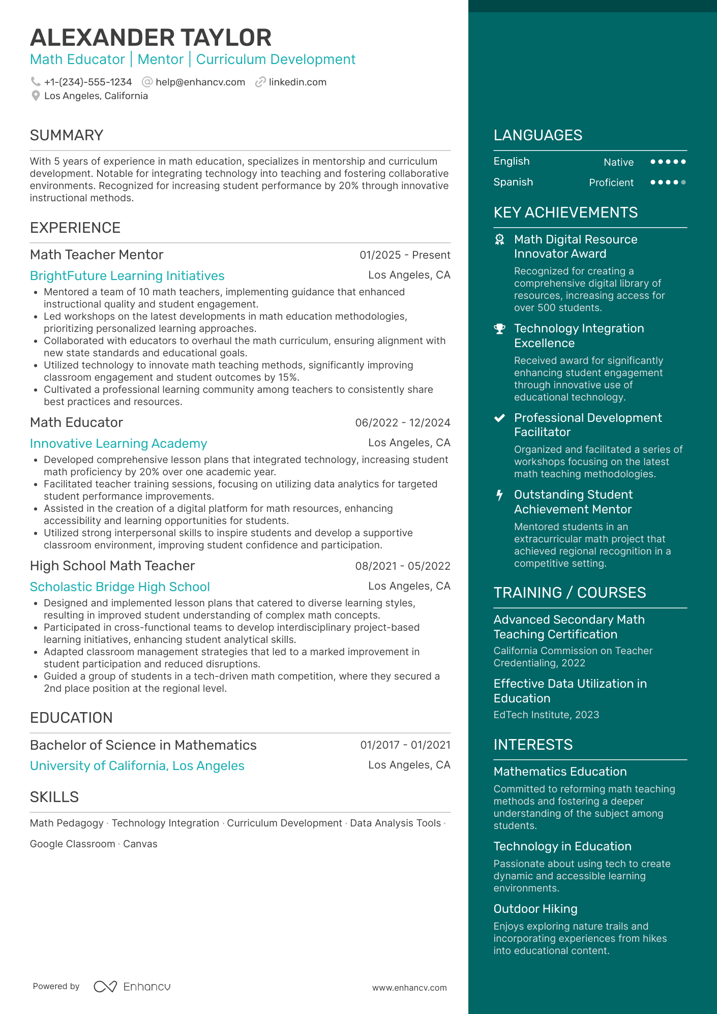 A resume example of a Math Teacher Mentor