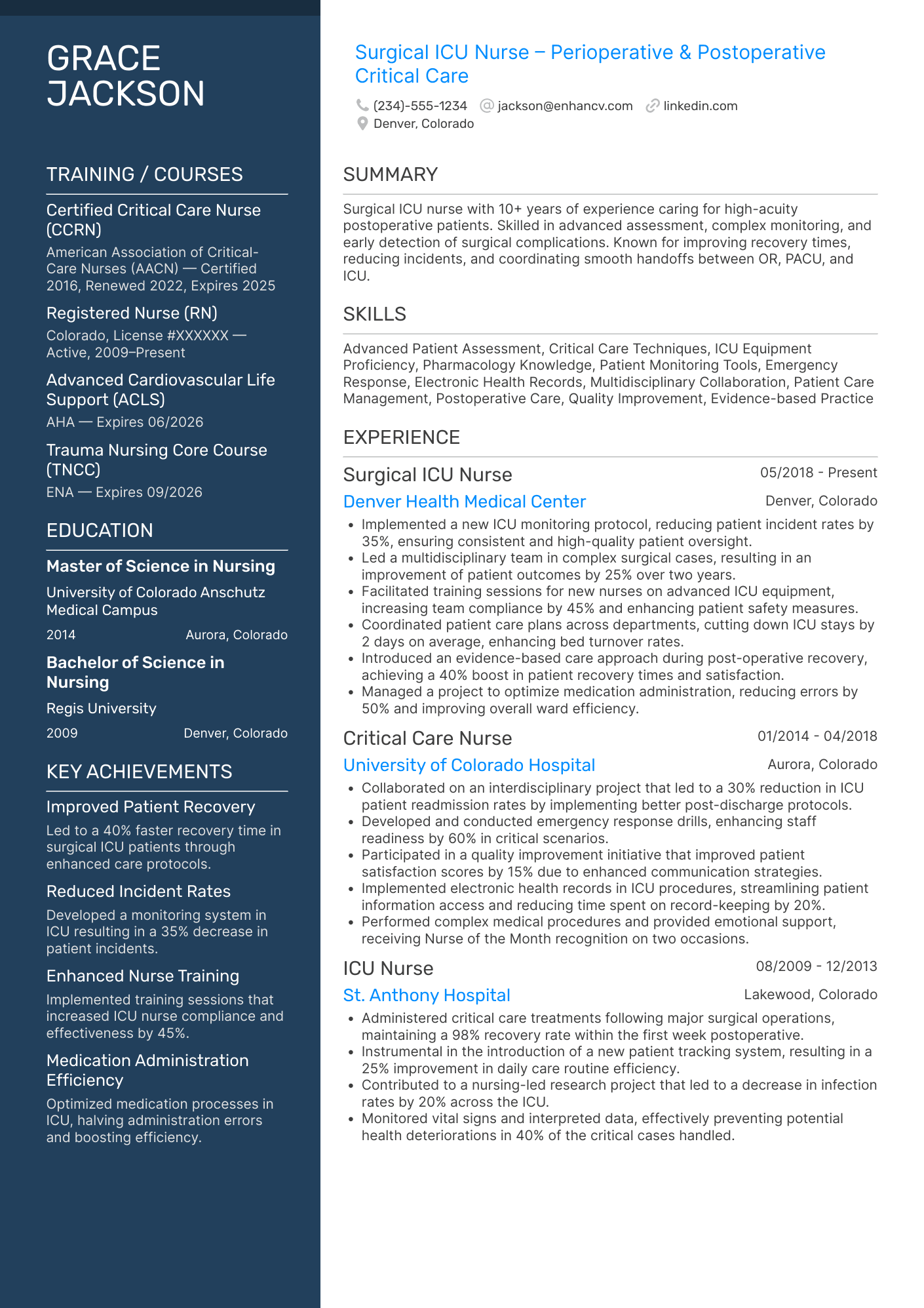 A resume example of a Surgical ICU Nurse SICU