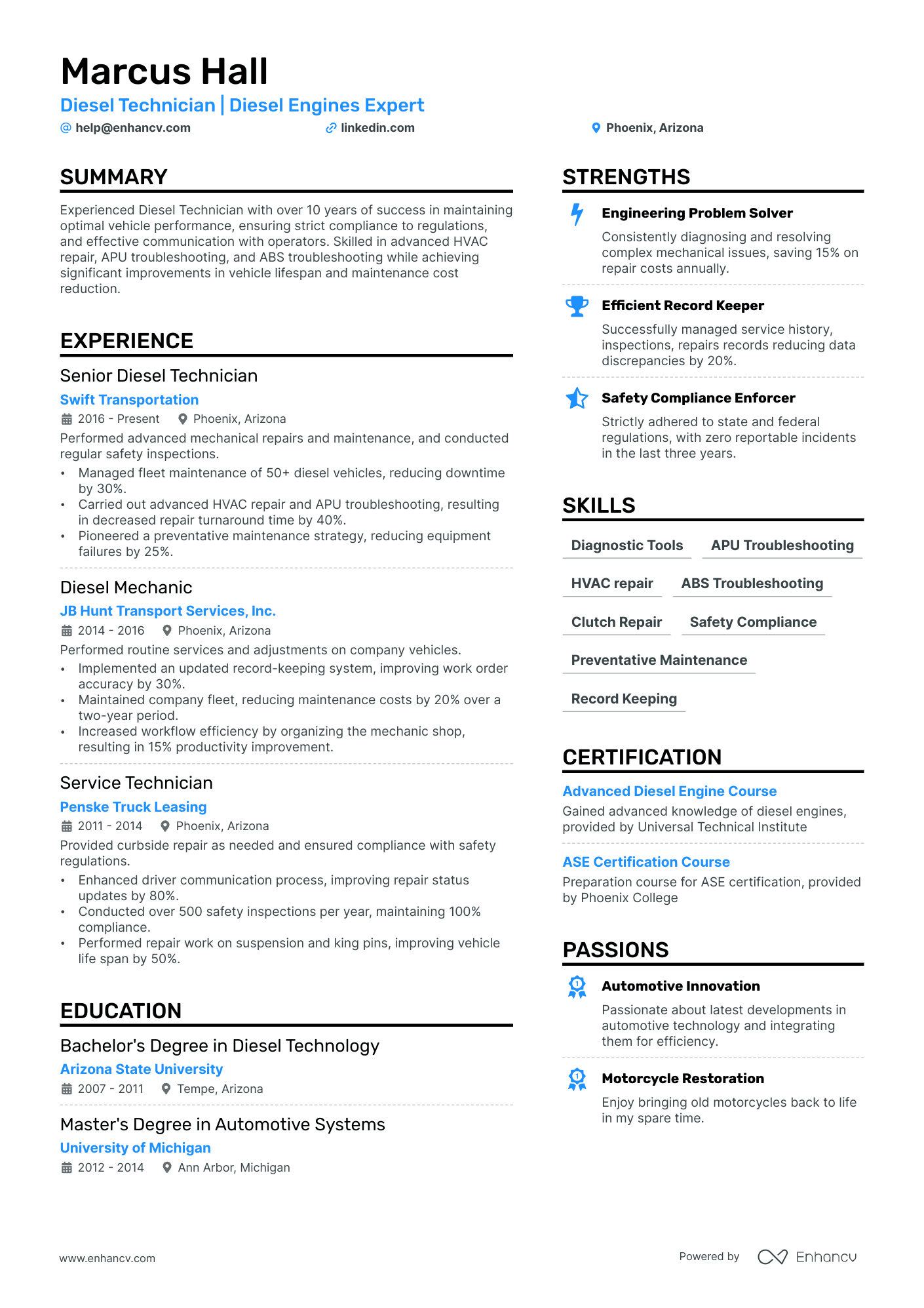 A resume example of a Diesel Mechanic