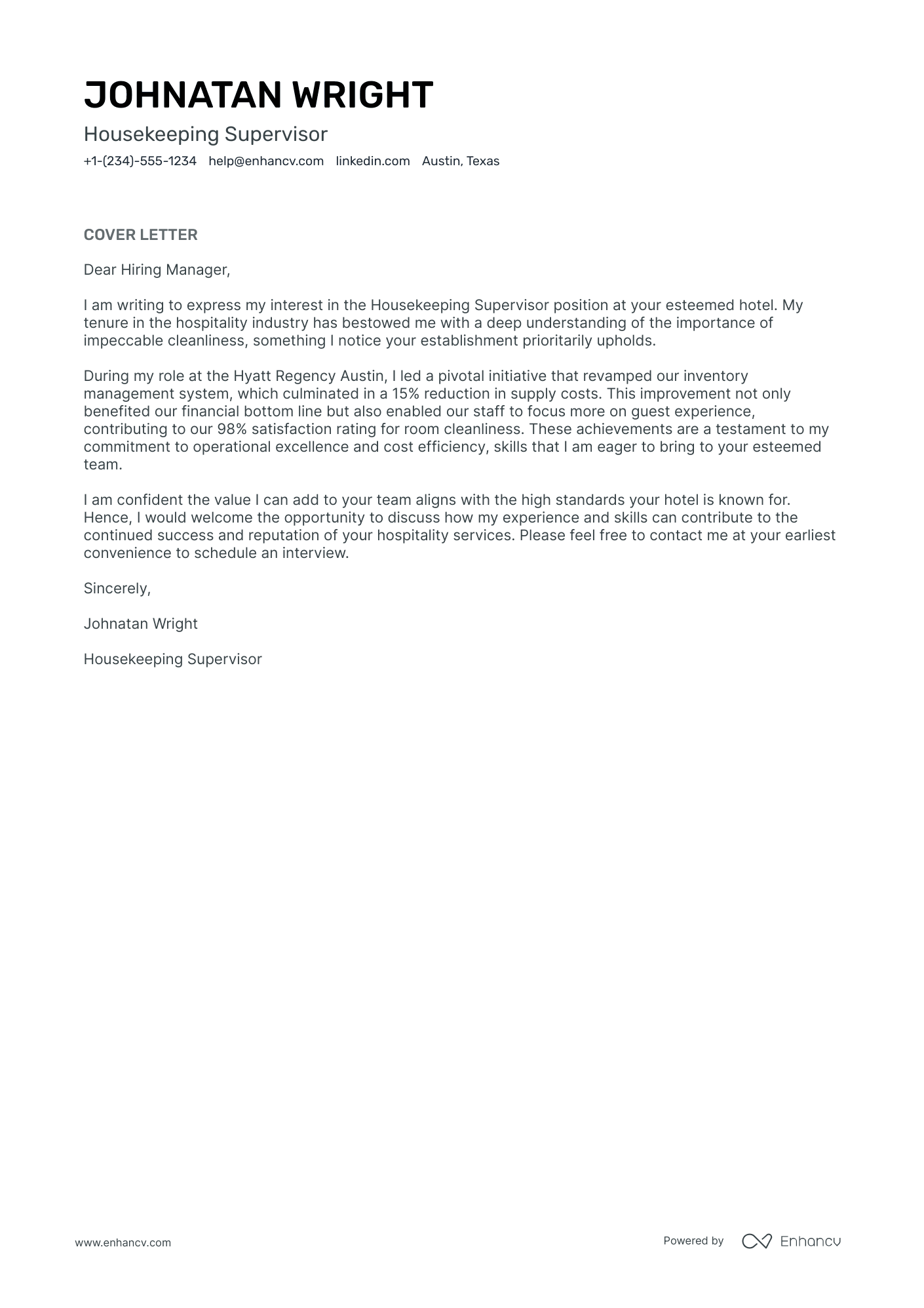 housekeeping cover letter for hotel