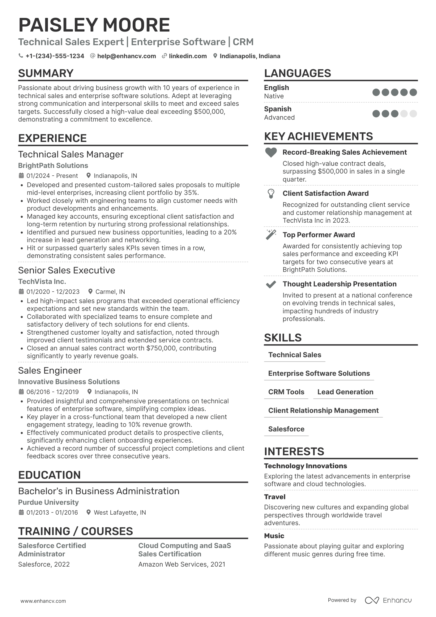 A resume example of a Technical Sales Professional