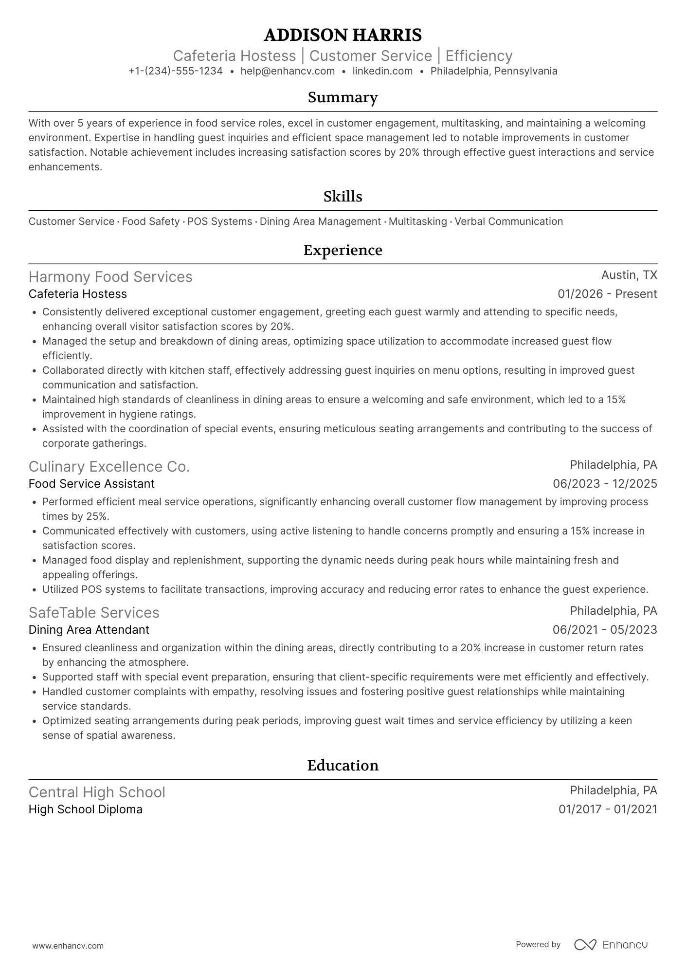 A resume example of a Cafeteria Hostess