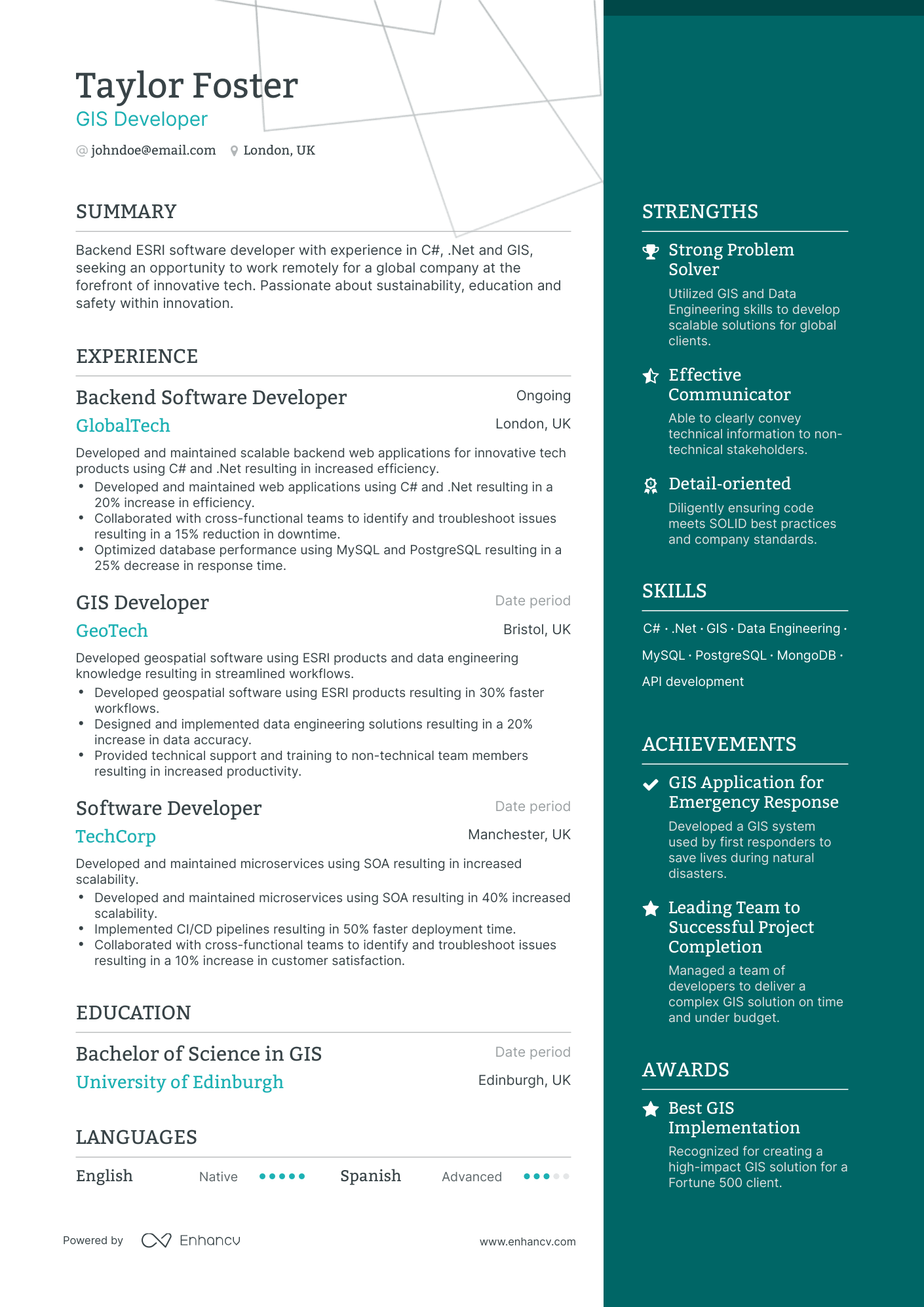 One Page GIS Developer Resume Template