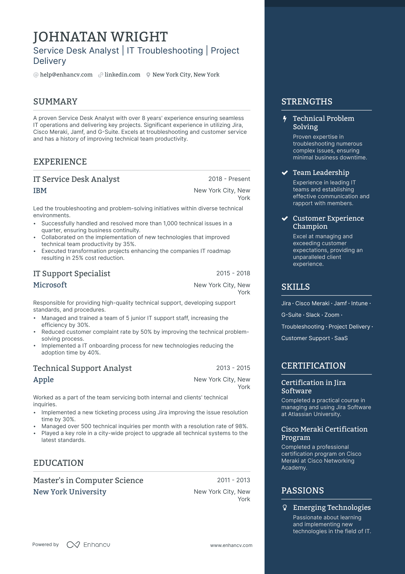 resume for service desk engineer