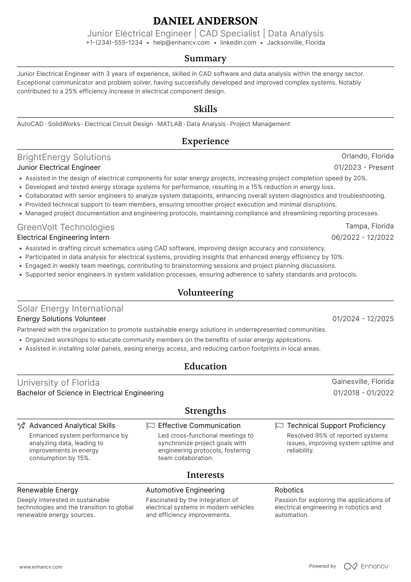 A resume example of a Junior Electrical Engineering Associate